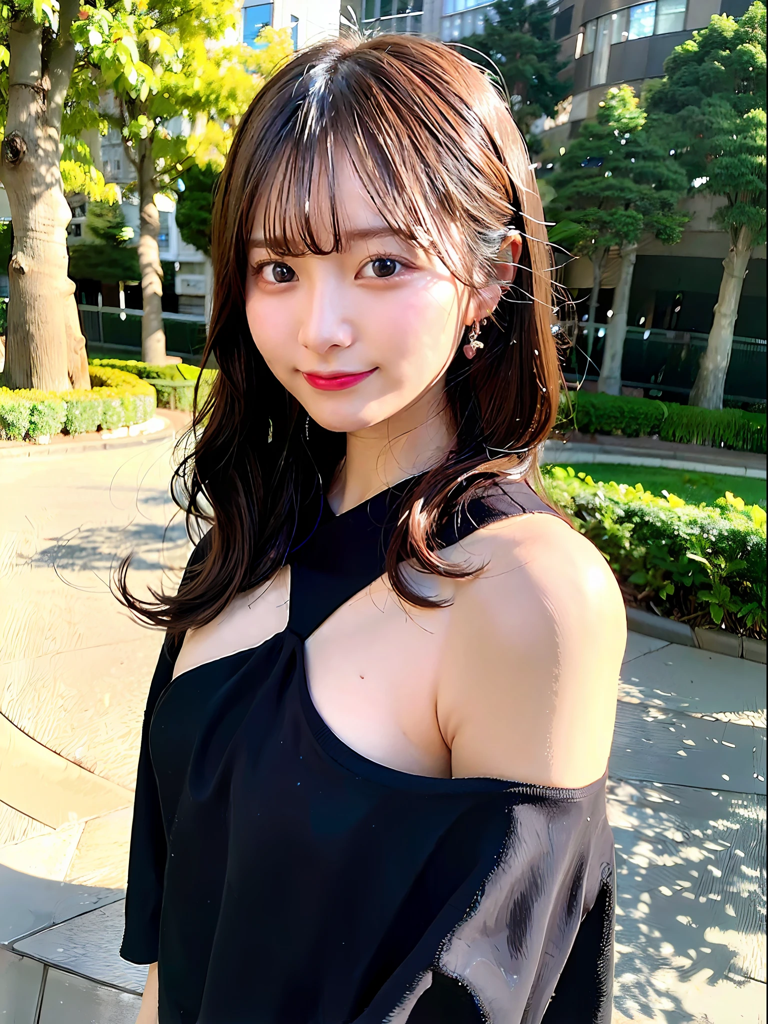 1girl, solo, realistic, neckline, brown hair, molelips, brown eyes, in a black dress walking in the park, miyu kishi, smile, (photorealistic: 1.4),