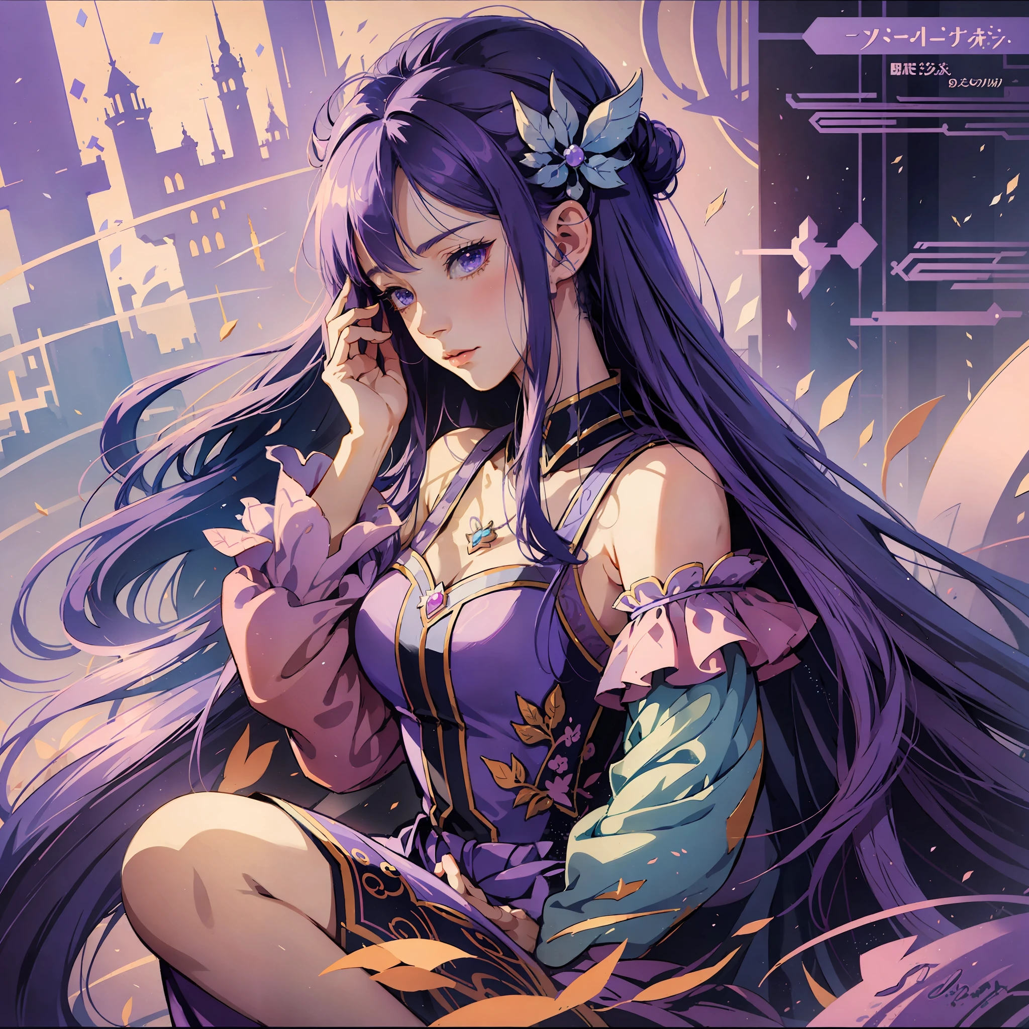 flat illustration anime girl with long purple hair wearing a purple dress and a tiable, an anime drawing by Kamagurka, pixiv, fantasy art, detailed digital anime art, anime style 4 k, detailed anime art, anime goddess, beautiful anime art style, anime princess, anime moe artstyle, 8k high quality detailed art, detailed anime artwork, anime illustration, soft pastel tones