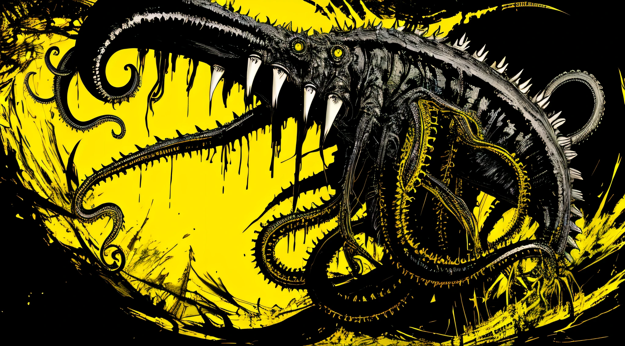 yellow and black, a monstrous lovecraftian deformed creature with tentacles, in the style of Mork Borg, strong contrast, grunge dirty punk splash art, black metal zine