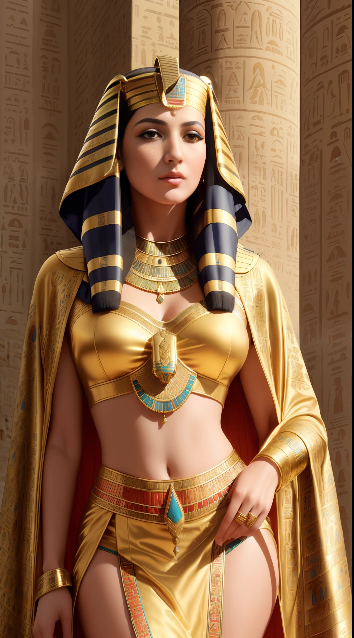 (masterpiece, high resolution, best quality, CG, official art:1.2 by Greg Rutkowski), Cleopatra, (exquisite, detailed Egyptian garments:1.4), radiant beauty, (kohl-lined eyes:1.2), Greek philosopher, (traditional Greek robes:1.2), engrossed in a scroll, richly decorated Egyptian palace, intermingling of Greek and Egyptian cultures, ambient warm light, realistic style.