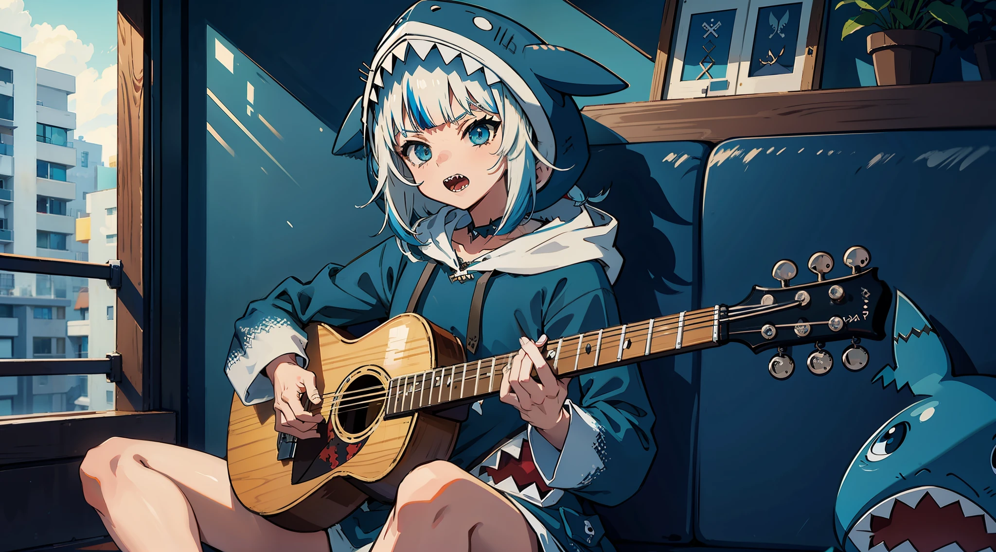 gawr gura, sharp teeth, shark tail, gawr gura, blue hoodie, shark hood, sitting, playing guitar, construction place,