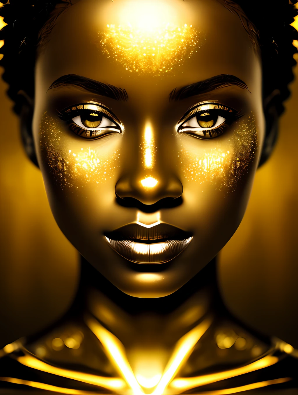 (masterpiece) An insanely detailed photo of an extremely beautiful and sensual black woman made out of gold, skin painting out of liquid gold, with golden eyes, in the style of bio art, raw metallicity, black and white mastery, golden African influence, pure color, close-up, woman, stock photo, masterpiece, best quality, high quality, extremely detailed cg unity wallpaper 8k, scenery, award winning photography, hdr, trending artstation, trending cgsociety, intricate, high detail, cinematic lighting, beautiful woman, humanoid