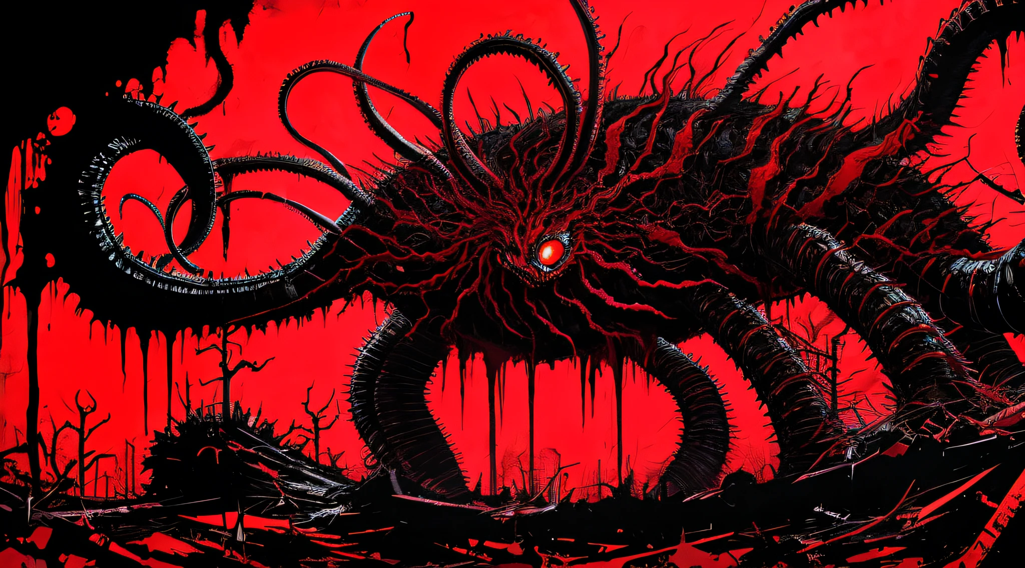 red and black, a monstrous lovecraftian deformed creature with tentacles, in the style of Mork Borg, strong contrast, grunge dirty punk splash art, black metal zine