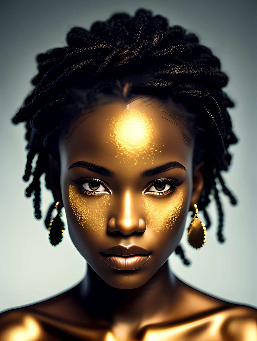 (masterpiece) An insanely detailed photo of an extremely beautiful and sensual black woman made out of gold, skin painting out of liquid gold, with golden eyes, in the style of bio art, raw metallicity, black and white mastery, golden African influence, pure color, close-up, woman, stock photo, masterpiece, best quality, high quality, extremely detailed cg unity wallpaper 8k, scenery, award winning photography, hdr, trending artstation, trending cgsociety, intricate, high detail, cinematic lighting, beautiful woman, humanoid