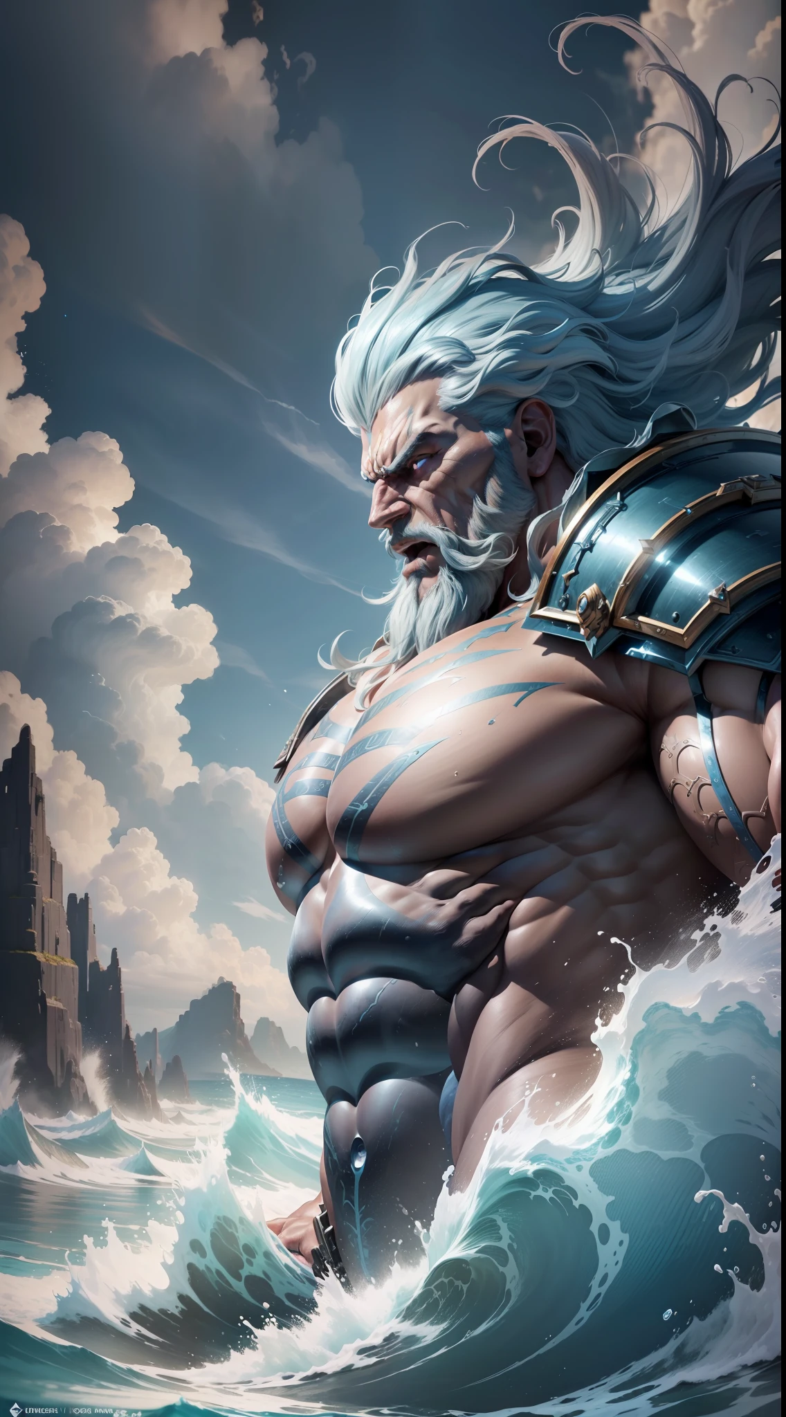 (extremely detailed CG unity 8k wallpaper, masterpiece, best quality, ultra-detailed), best lighting, best shadow (very strong, giant, muscular God Poseidon wearing battle armor), fierce, wild expression, coming out of the ocean, gushing water, volumetric lighting.