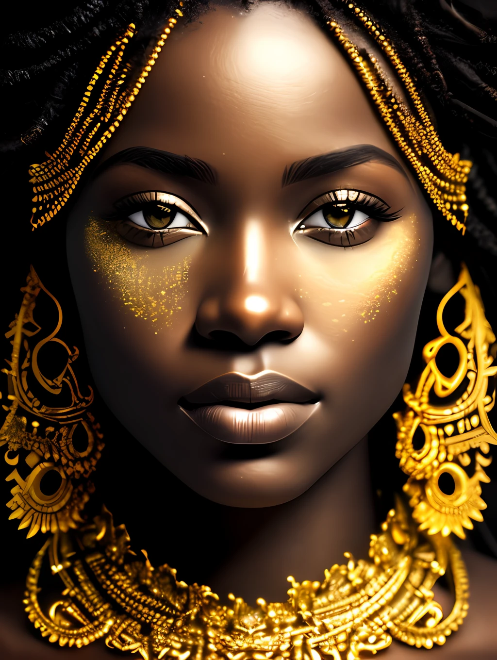 (masterpiece) An insanely detailed photo of an extremely beautiful and sensual black woman made out of gold, skin painting out of liquid gold, with golden eyes, in the style of bio art, raw metallicity, black and white mastery, golden African influence, pure color, close-up, woman, stock photo, masterpiece, best quality, high quality, extremely detailed cg unity wallpaper 8k, scenery, award winning photography, hdr, trending artstation, trending cgsociety, intricate, high detail, cinematic lighting, beautiful woman, humanoid