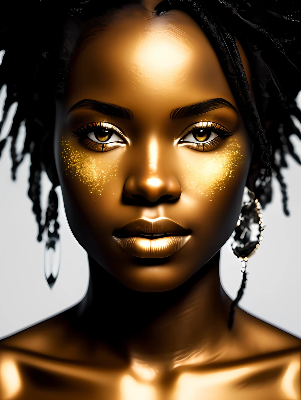 (masterpiece) An insanely detailed photo of an extremely beautiful and sensual black woman made out of gold, skin painting out of liquid gold, with golden eyes, in the style of bio art, raw metallicity, black and white mastery, golden African influence, pure color, close-up, woman, stock photo, masterpiece, best quality, high quality, extremely detailed cg unity wallpaper 8k, scenery, award winning photography, hdr, trending artstation, trending cgsociety, intricate, high detail, cinematic lighting, beautiful woman, humanoid