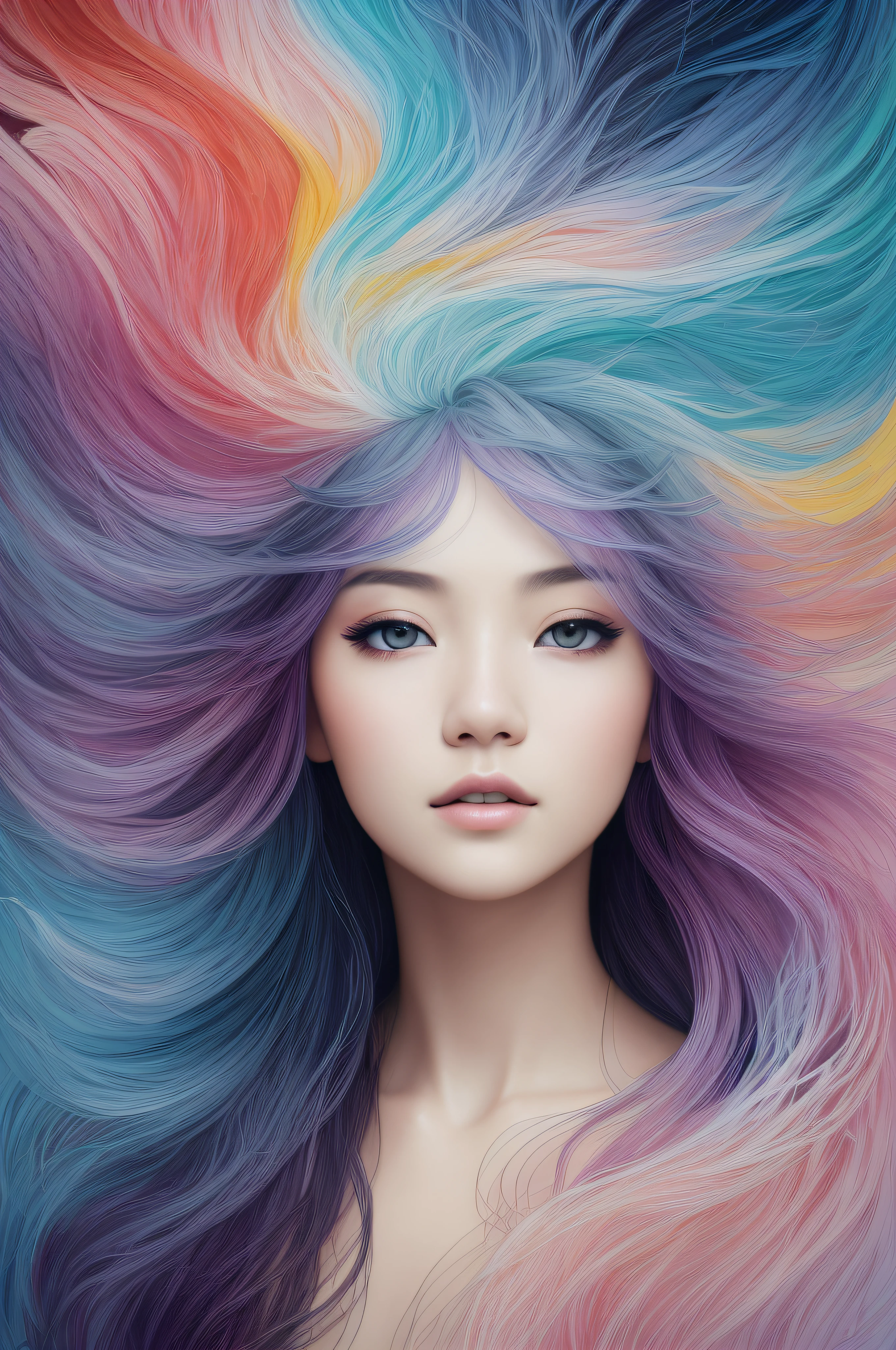 Colorful beautiful girl: a 25-year-old girl, Chinese, small eyes, single eyelids, danphoenix eyes, messy hair, oil painting, perfect face, soft skin perfect face, blue-yellow, light purple and violet addition, light red addition, intricate details, splash screen, 8k resolution, masterpiece, cute face, artstation digital painting smooth very black ink flow: 8k resolution realistic masterpiece: intricate fluid gouache: by Jean Baptiste Mongue: Calligraphy: Acrylic: Watercolor Art, Professional Photography, Natural Daylighting, Volumetric Lighting Minimalist Photography Illustration: by Marton Bobzert: , Complex, elegant, expansive, dreamy, wavy hair, full of energy