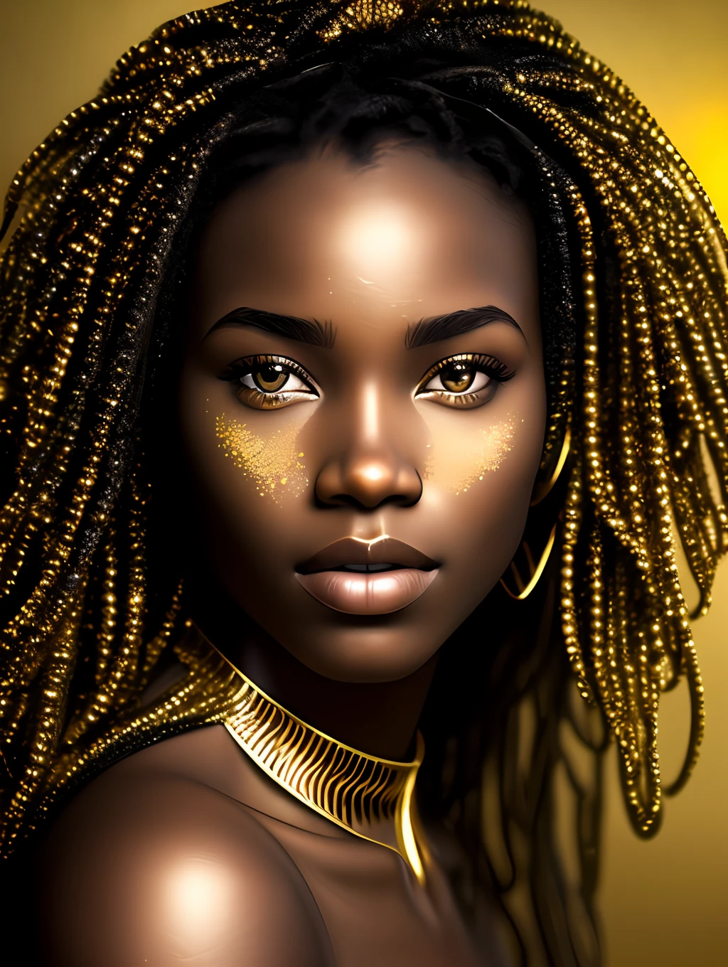 (masterpiece) An insanely detailed photo of an extremely beautiful and sensual black woman made out of gold, skin totally coverd by liquid gold, with golden eyes, in the style of bio art, raw metallicity, black and white mastery, golden African influence, pure color, close-up, woman, stock photo, masterpiece, best quality, high quality, extremely detailed cg unity wallpaper 8k, scenery, award winning photography, hdr, trending artstation, trending cgsociety, intricate, high detail, cinematic lighting, beautiful woman, humanoid