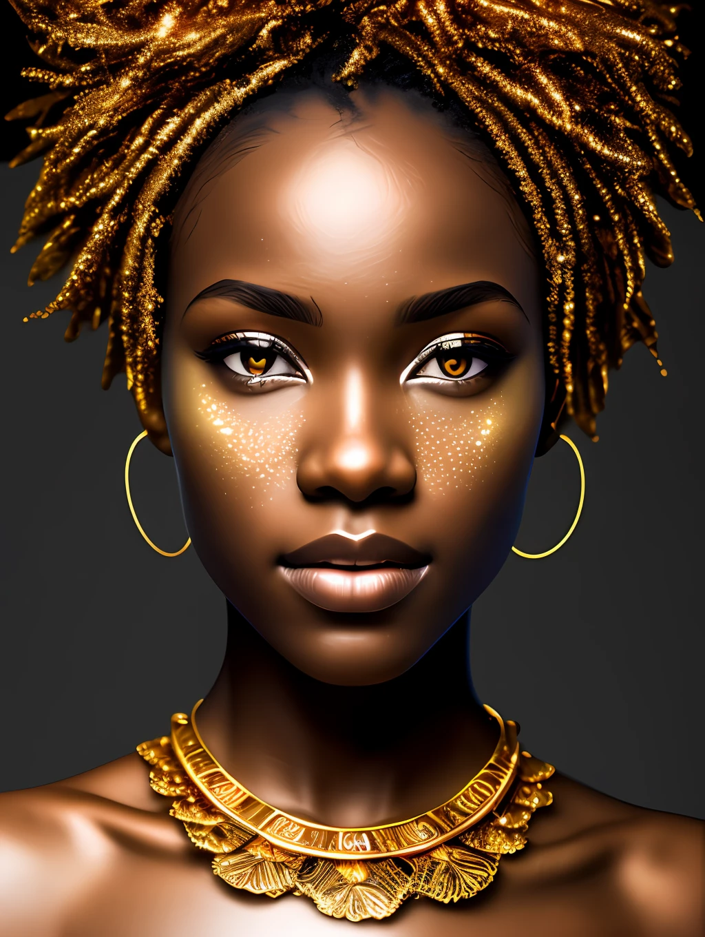 (masterpiece) An insanely detailed photo of an extremely beautiful and sensual black woman made out of gold, skin totally coverd by liquid gold, with golden eyes, in the style of bio art, raw metallicity, black and white mastery, golden African influence, pure color, close-up, woman, stock photo, masterpiece, best quality, high quality, extremely detailed cg unity wallpaper 8k, scenery, award winning photography, hdr, trending artstation, trending cgsociety, intricate, high detail, cinematic lighting, beautiful woman, humanoid
