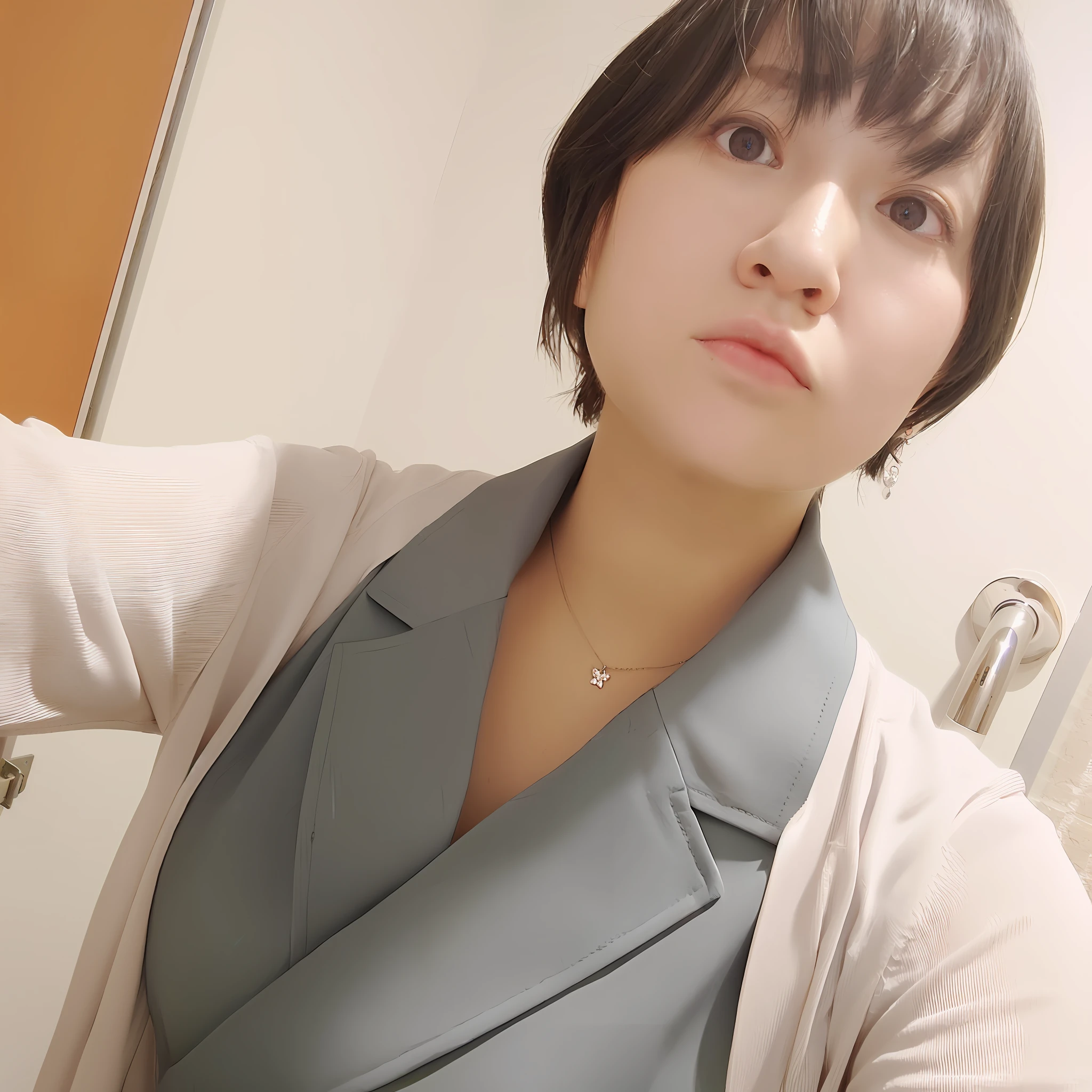 arafed woman taking a selfie in a bathroom mirror, with short hair, chiho, captured with sony a3 camera, shot with iphone 1 0, shiori teshirogi, blog-photo, taken with canon eos 5 d, taken with canon 8 0 d, taken with sony alpha 9, 奈良美智