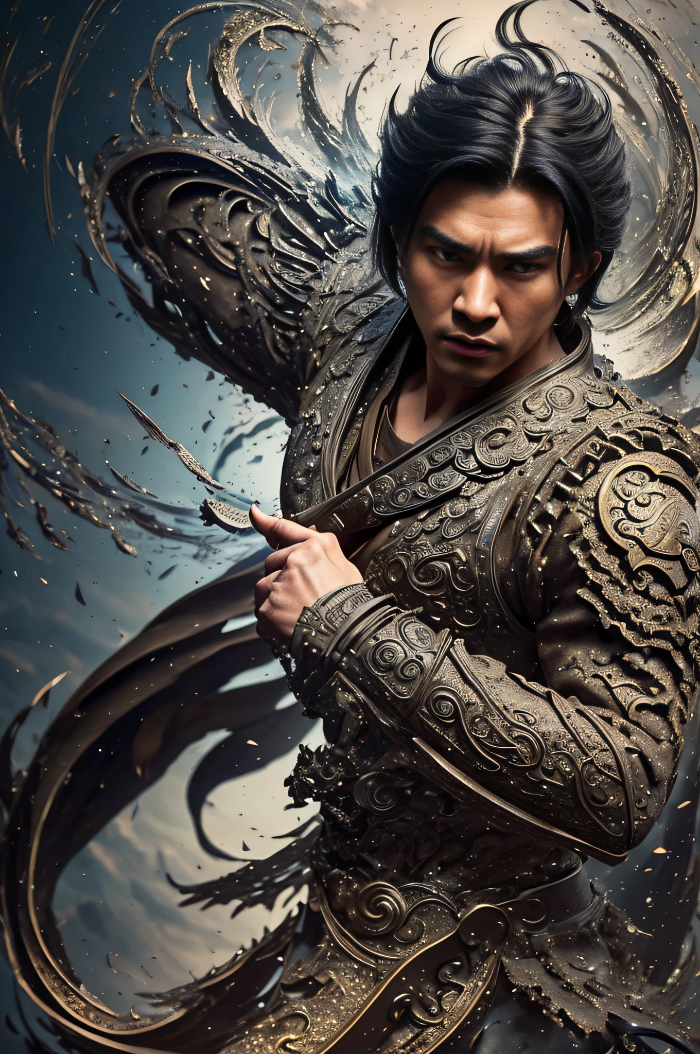 Best Quality, Masterpiece, Ultra High Resolution, (Realistic: 1.4), Xiuxian, Weapon, Detailed Face, .1 Boy, Solo, Weapon, , (Magic Circle: 1.2), Xiuxian, Upper Body, Sheath, (Absurd, High Resolution, Ultra Detailed), Asian, 1 male, eighteen-year-old boy, handsome, tall muscular man, broad shoulders, very short hair, bottom cut, dark brown eyes, fine eyes and detailed face, extremely detailed CG Unity 8k wallpaper, intricate details, (Style Swirl Magic: 0.7), Looking at the Audience, Solo, (Full Body: 0.8), Detailed Background, Detailed Face, Hair Fluttering in the Wind, Martial Artist, Dynamic Pose, Fighting Pose, Clenched Fist, Fingerless Gauntlet, Wristband, Dragon Themed Costume, Monk Robe, Alpine Mountain Background, Rotating Floating Particles, Dynamic Composition, , Hanfu, Stone, Stone Background, Stone Chinese Sculpture, Sand Flowing, Big Muscles
