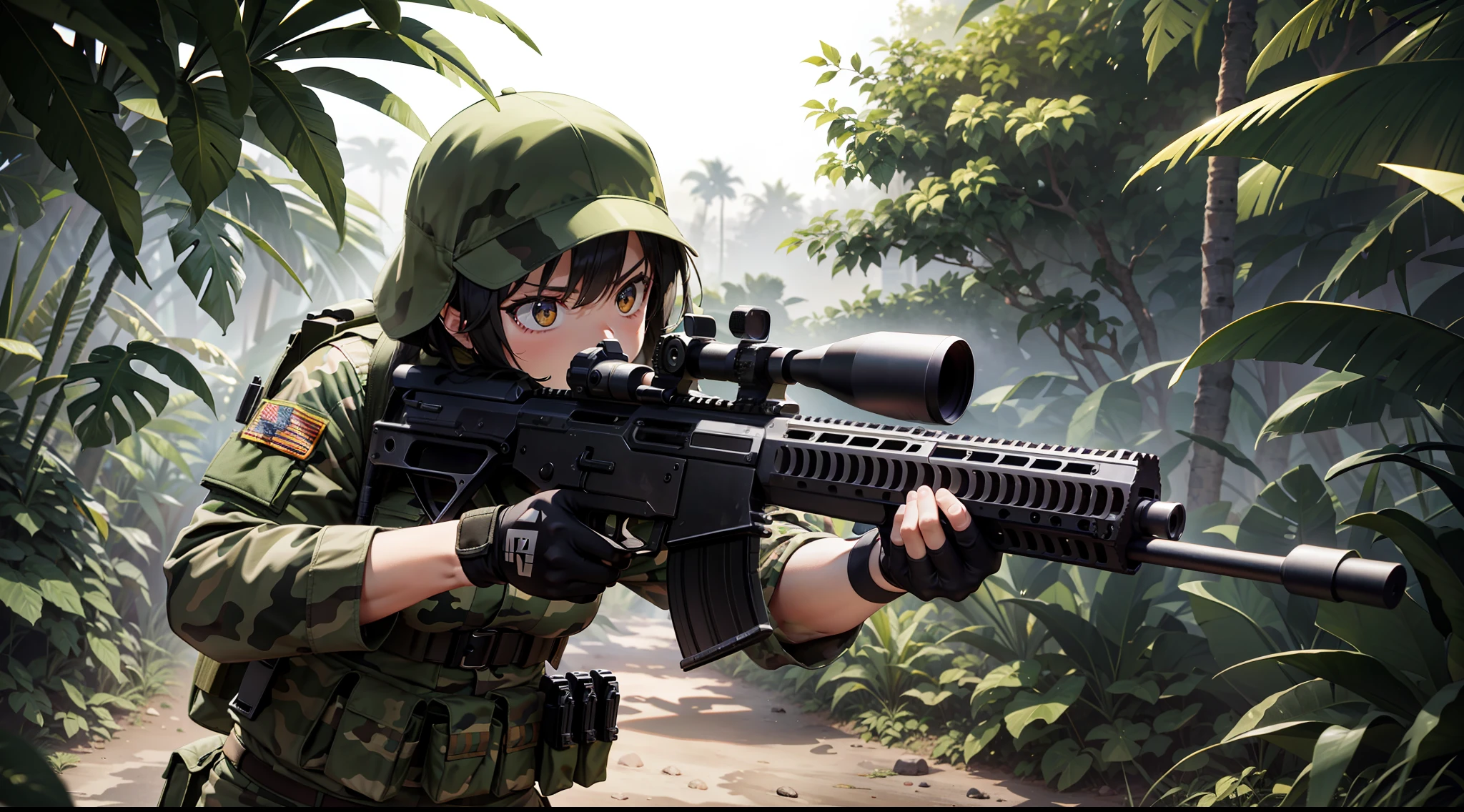 camouflage, CQB, CQC, assault rifle, battle girl, muzzle flash, in jungle