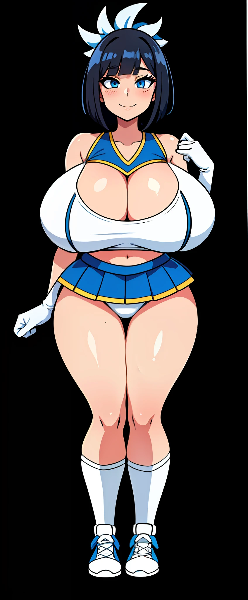 {{{white background,simple background}}},1girl,front view,Facing forward,looking at viewer,{{gigantic breasts!!!!}},big breasts!!,anime colored,smile,cheerleader,gleaming skin,bob cut,black hair,blue eye