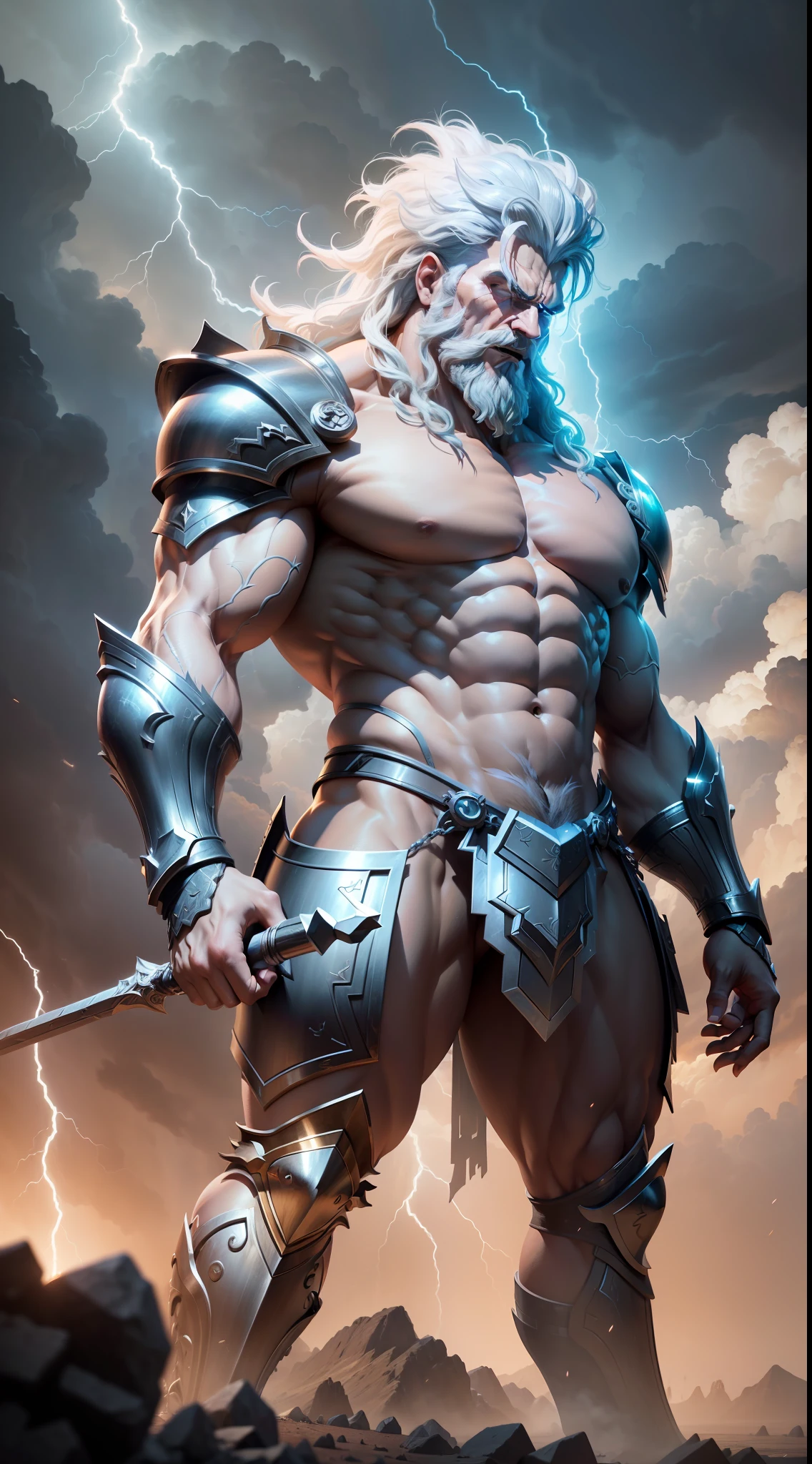 (extremely detailed CG unity 8k wallpaper, masterpiece, best quality, ultra-detailed), best lighting, best shadow (very strong, giant, muscular Zeus god wearing battle armor), fierce, wild expression, beautiful sky, lightning falling volumetric lighting.