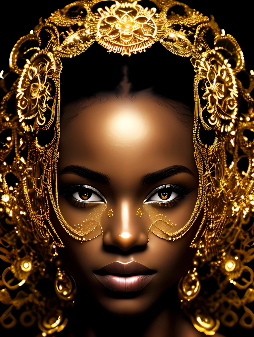 (masterpiece) An insanely detailed photo of an extremely beautiful and sensual black woman made out of gold, skin painting out of liquid gold, with golden eyes, in the style of bio art, raw metallicity, black and white mastery, golden African influence, pure color, close-up, woman, stock photo, masterpiece, best quality, high quality, extremely detailed cg unity wallpaper 8k, scenery, award winning photography, hdr, trending artstation, trending cgsociety, intricate, high detail, cinematic lighting, beautiful woman, humanoid