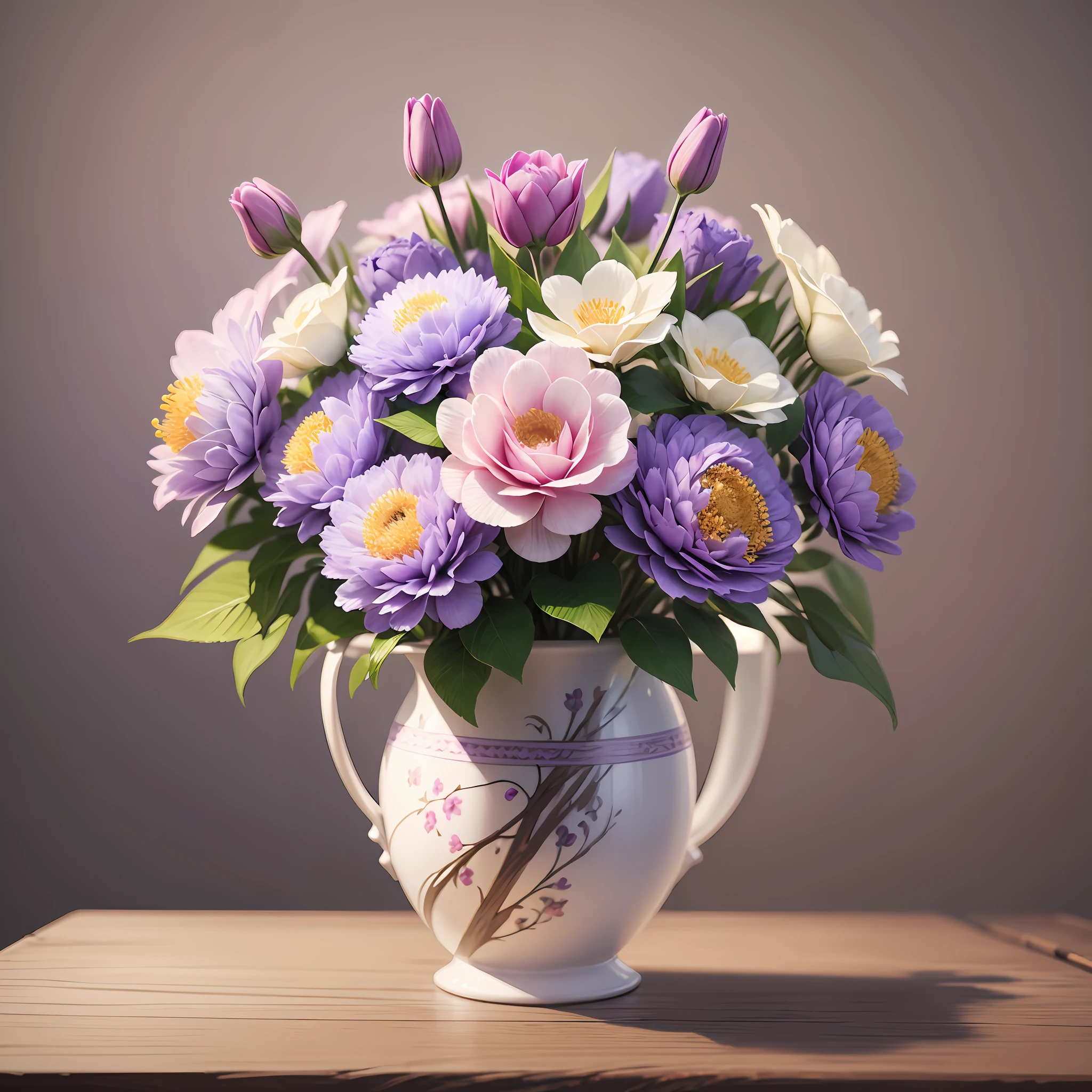 Very realistic flower arrangement, lilac and white, Unreal Engine 5, 4K, very beautiful flowers --auto --s2