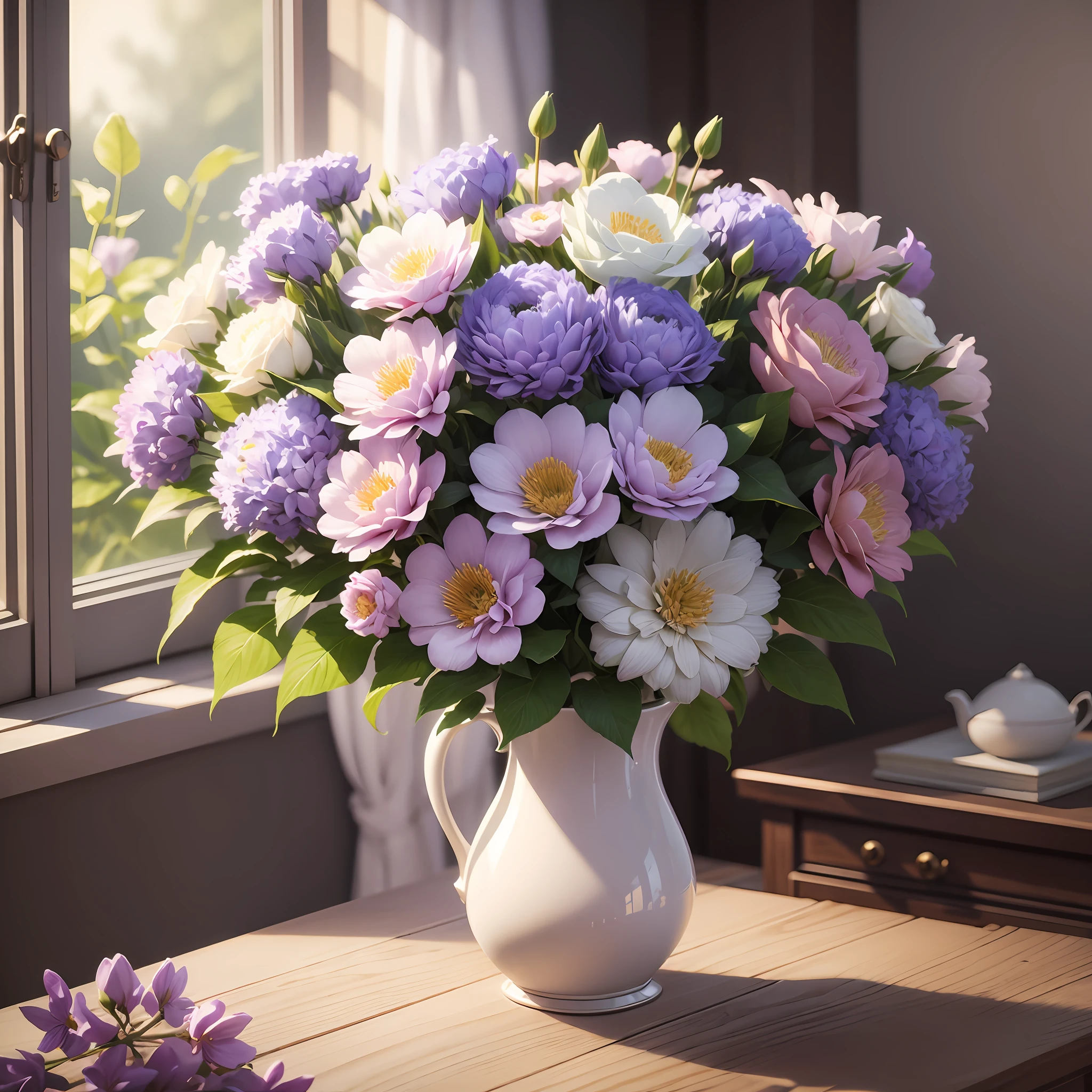 Very realistic flower arrangement, lilac and white, Unreal Engine 5, 4K, very beautiful flowers --auto --s2