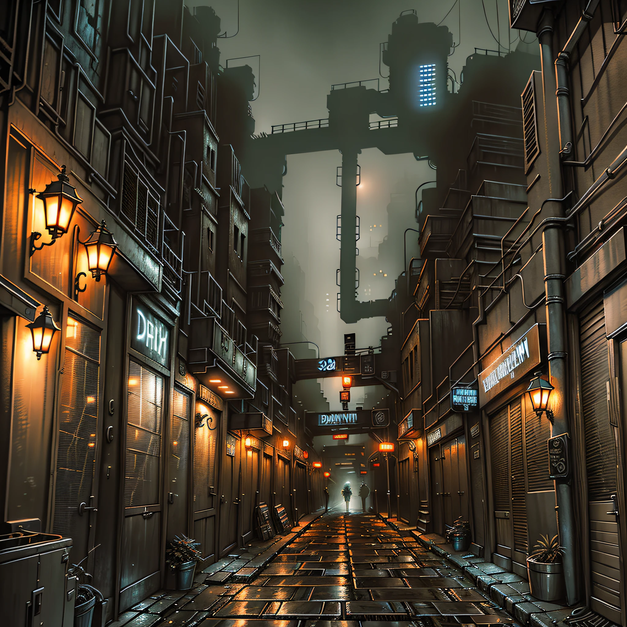 digital art, comics style, dark alley of a dystopian city, realistic, intricate details, 32 k, bars in the alley, maritime mist, low lighting, darkness