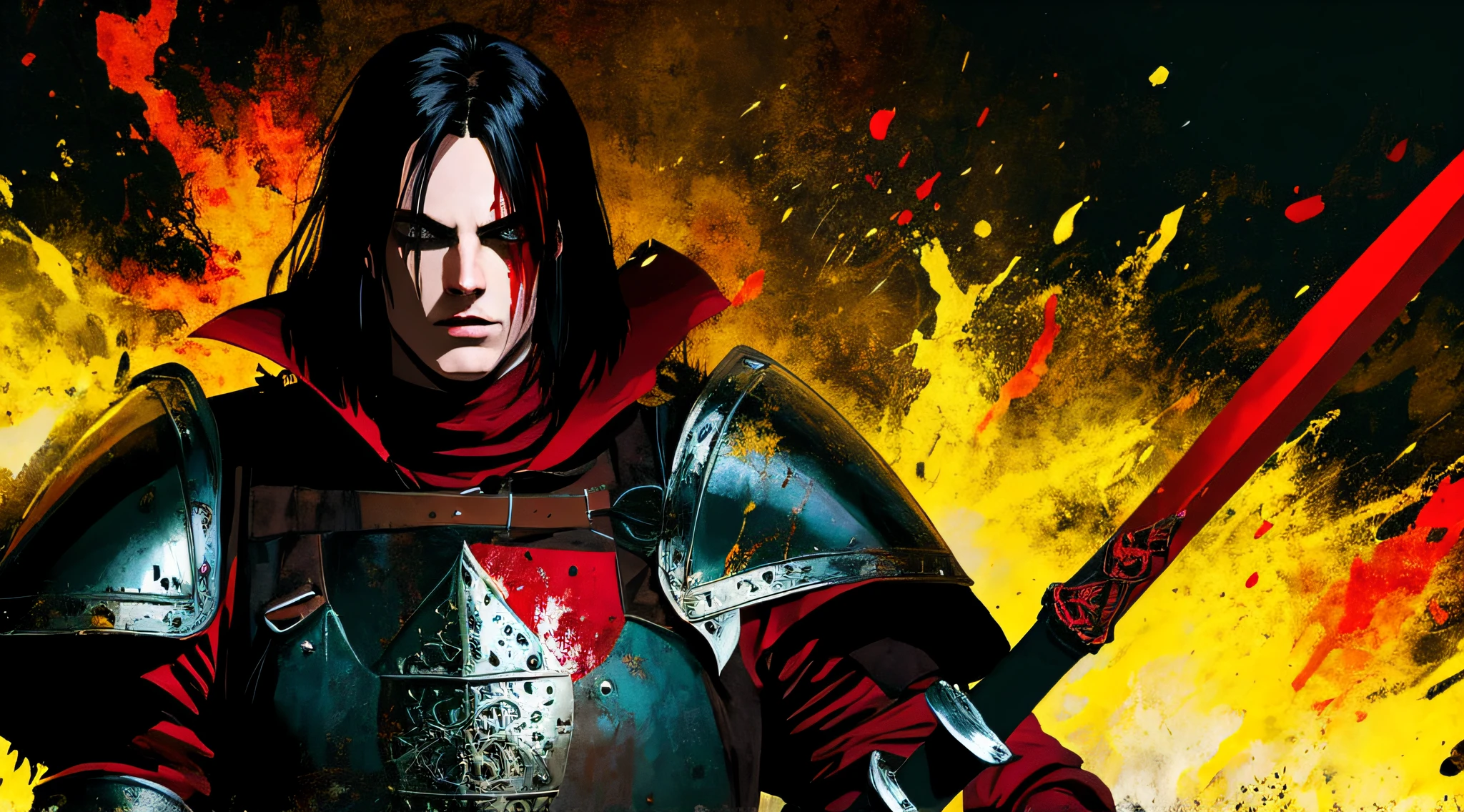 red and black, a medieval knight, with a large sword, strong contrast, grunge dirty punk splash art, black metal zine