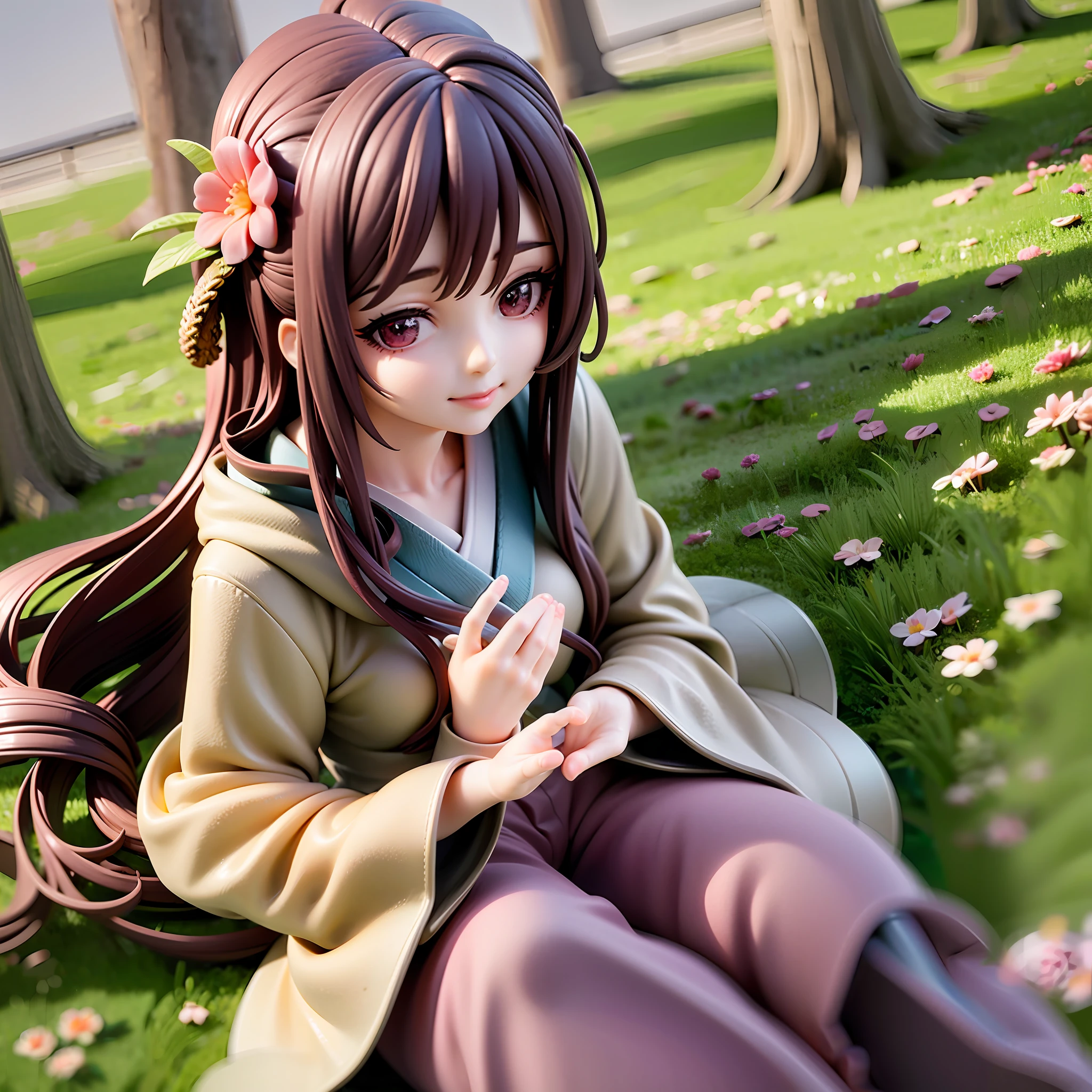 1girl, kimono,long hair, (brown hair:0.3), reaching out, dutch angle,cherry blossoms, on grass, sunlight, cute face, beautiful eyes BREAK full body, chibi, [realistic], [3d], (3dcg), ((octane render)), smile, closed mouth BREAK (8k, RAW photo, best quality, masterpiece:1.2), ultra high res, (((realistic, photo-realistic))), professional lighting, detailed lighting, professional photography, fisheye, dynamic angle, high quality, high res, extremely detailed, bloom BREAK depth of field, sketch, sharp focus, soft lighting, good composition, god light highlight, detailed, (((photorealistic details))), detailed skin, to8contrast style