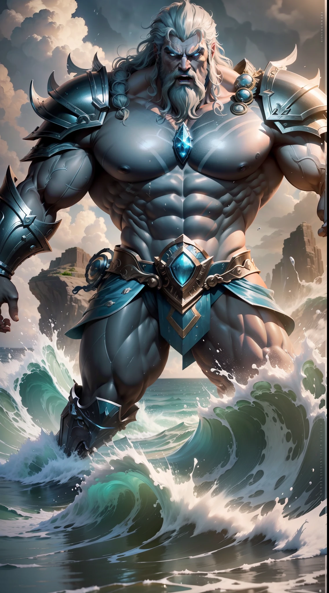(extremely detailed CG unity 8k wallpaper, masterpiece, best quality, ultra-detailed), best lighting, best shadow (very strong, giant, muscular God Poseidon wearing battle armor), fierce, wild expression, coming out of the ocean, gushing water, volumetric lighting.