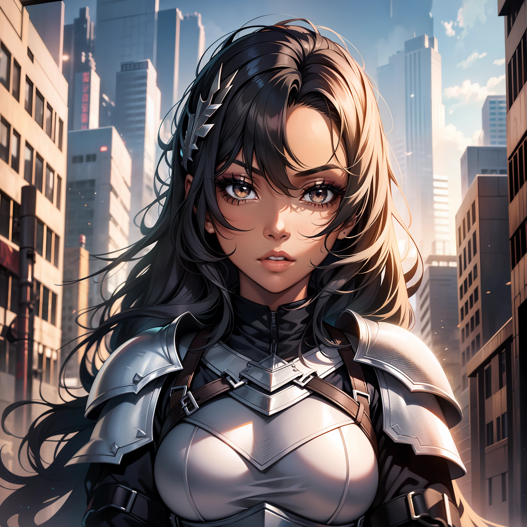 (a young woman:1.2)| (a girl:1.1), black skin, portrait, makeup, super detailed, knightly style in armor, city, direct look, contoured.