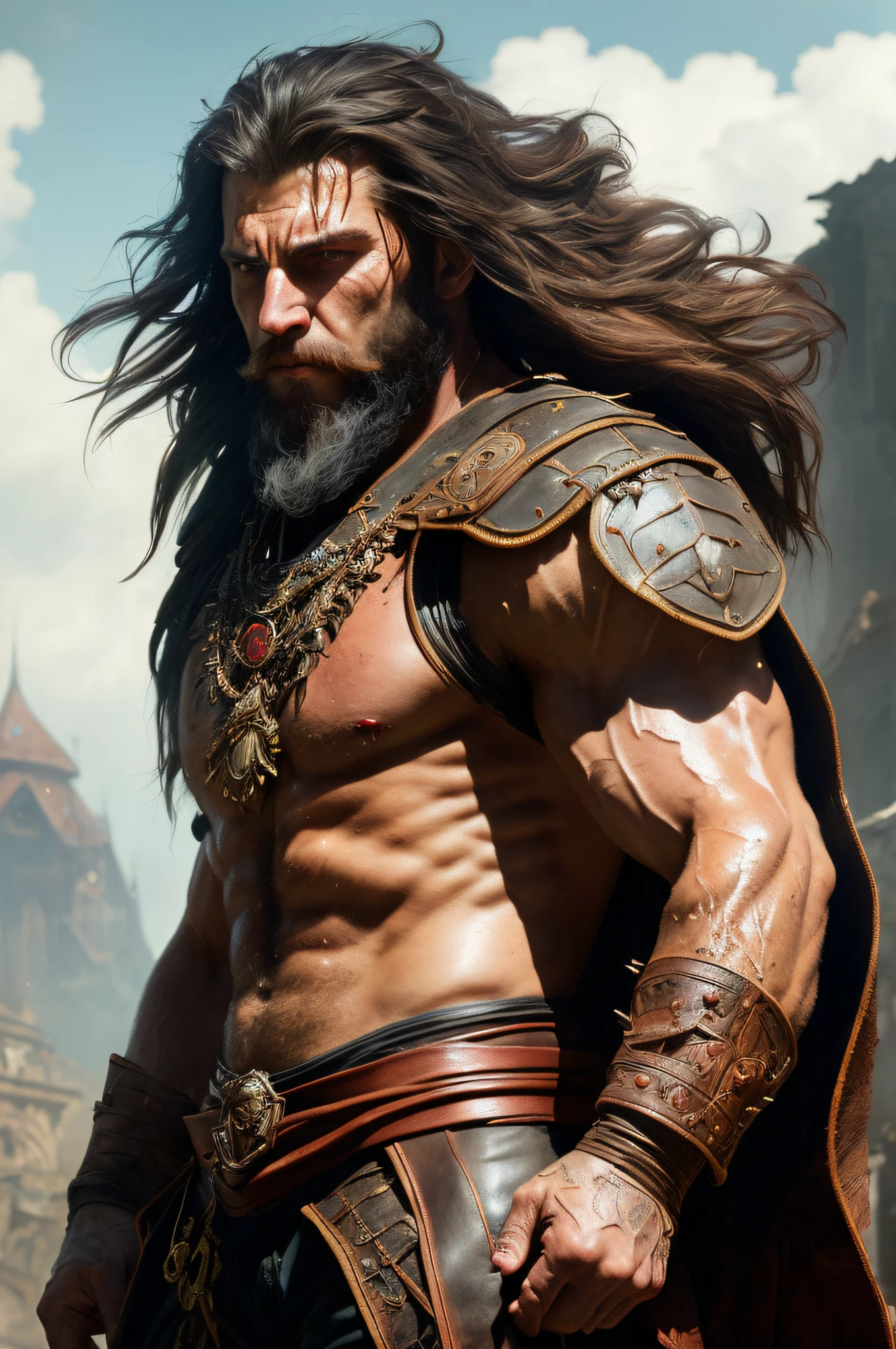 photo of the most beautiful artwork in the world featuring soft lustrous male hero, ((epic heroic fantasy muscular men rugged wet wounded hero angry looking with long hair and long beard and fierce looking in a dynamic posture dying on the floor, fantastic location, majestic cluttered environment)), full body 8k unity render, action shot, skin pores, very dark lighting, heavy shadows, detailed, detailed face, (vibrant, photo realistic, realistic, dramatic, dark, sharp focus, 8k), (weathered damaged old worn leather outfit:1.4), (intricate:1.4), decadent, (highly detailed:1.4), digital painting, octane render, artstation, concept art, smooth, sharp focus, illustration, art by artgerm, (loish:0.23), wlop ilya kuvshinov, and greg rutkowski and alphonse mucha gracias, (global illumination, studio light, volumetric light), heavy rain, particles floating