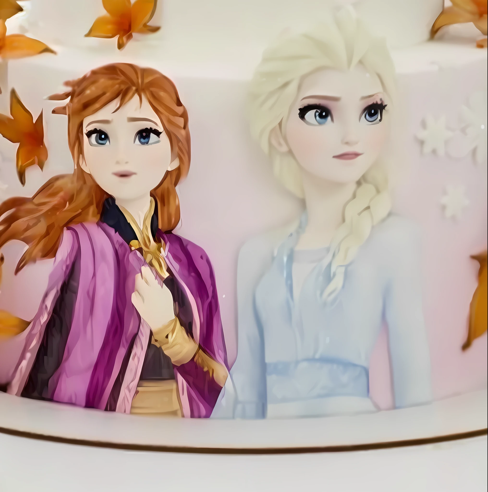 there is a cake with a picture of two girls on it, cake art, frozen ii movie still, cake sculpture, cakes, elsa frozen, look at that detail!, frozen ii klaus film, emma watson as the queen of ice, frozen, the greatest cake, 3d magical details, birthday cake, stunningly detailed, fantasy themed, close up details