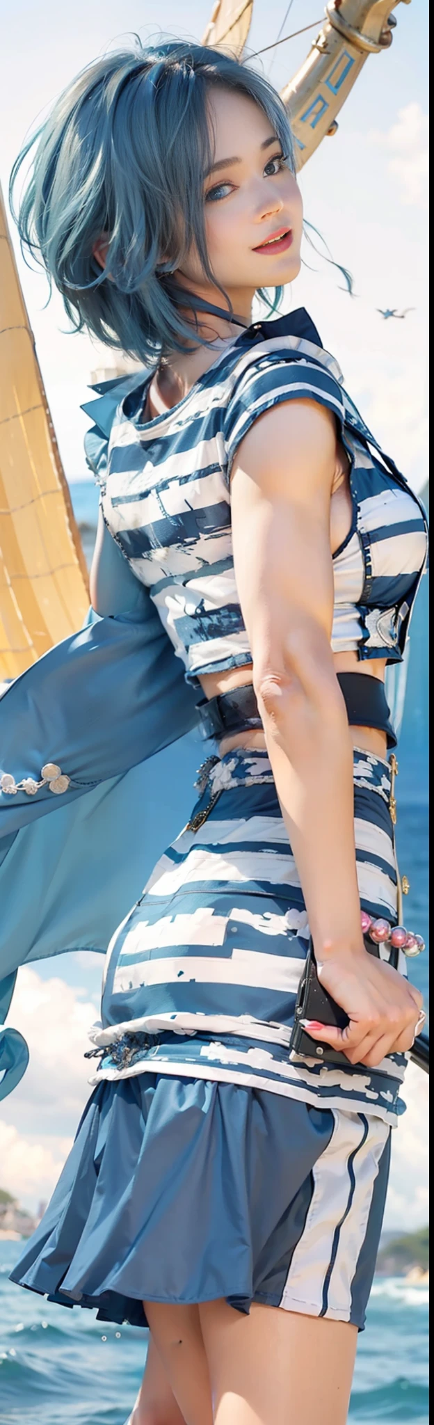 (female:1.2) (bodybuilder:0.8), hyper realistic, masterpiece, photorealistic, real skin, detailed face, detailed skin, detailed lighting, 1girl, (blue eyes), short hair, blue hair, large breasts, smile, mini skirt, thigh, see something far away, ocean background