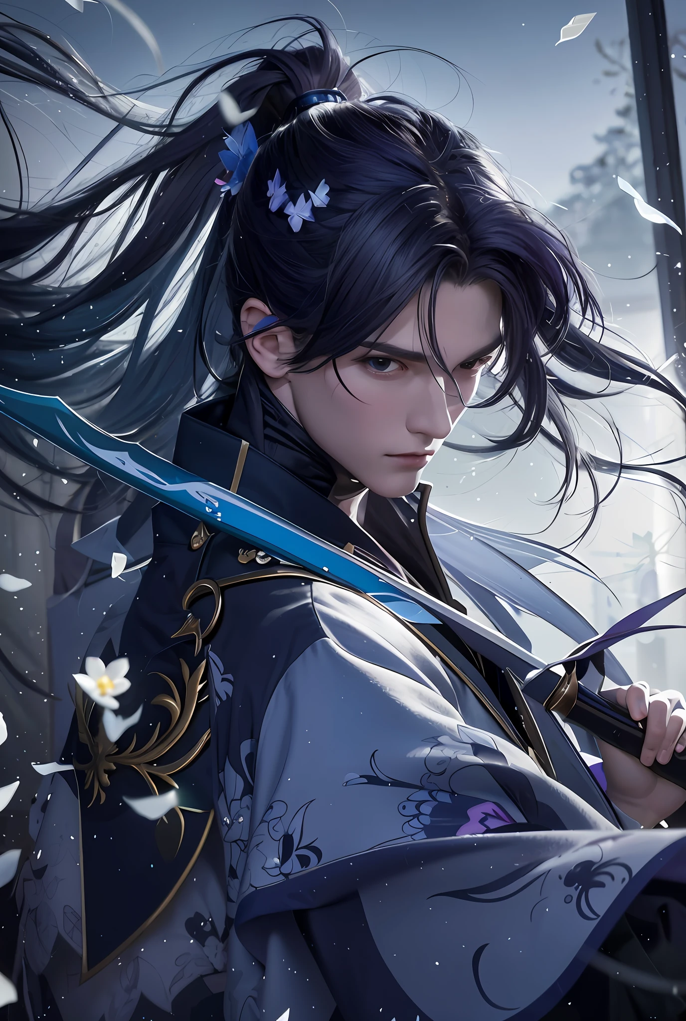 Blue-purple style, blue-purple long hair, fluttering ponytail, flying flowers, scabbard on the back, messy hair, broken hair, long hair, chivalry, very beautiful cyberpunk digital artwork, male focus, handsome, heroic and sassy, beautiful man, wearing a blue and white kimono, holding a long sword on the shoulder, chivalry style, high-quality detail depiction, blurred background and soft light set off, middle side shooting, middle side perspective, pattern decorations and ornaments, broken flowers and flying flowers, dense fog surrounding, light and shadow change extremely exquisite. Anime style 4k wallpaper.