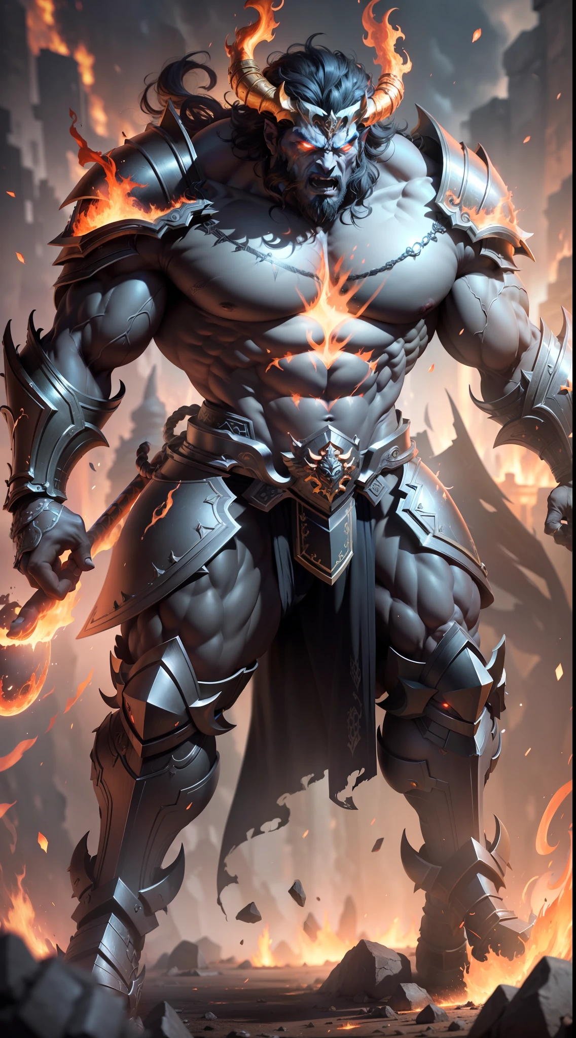 (extremely detailed CG unity 8k wallpaper, masterpiece, best quality, ultra-detailed), best lighting, best shadow (very strong, giant, muscular God Hades wearing battle armor), fierce, savage expression, hellish atmosphere, gushing fire, volumetric lighting.