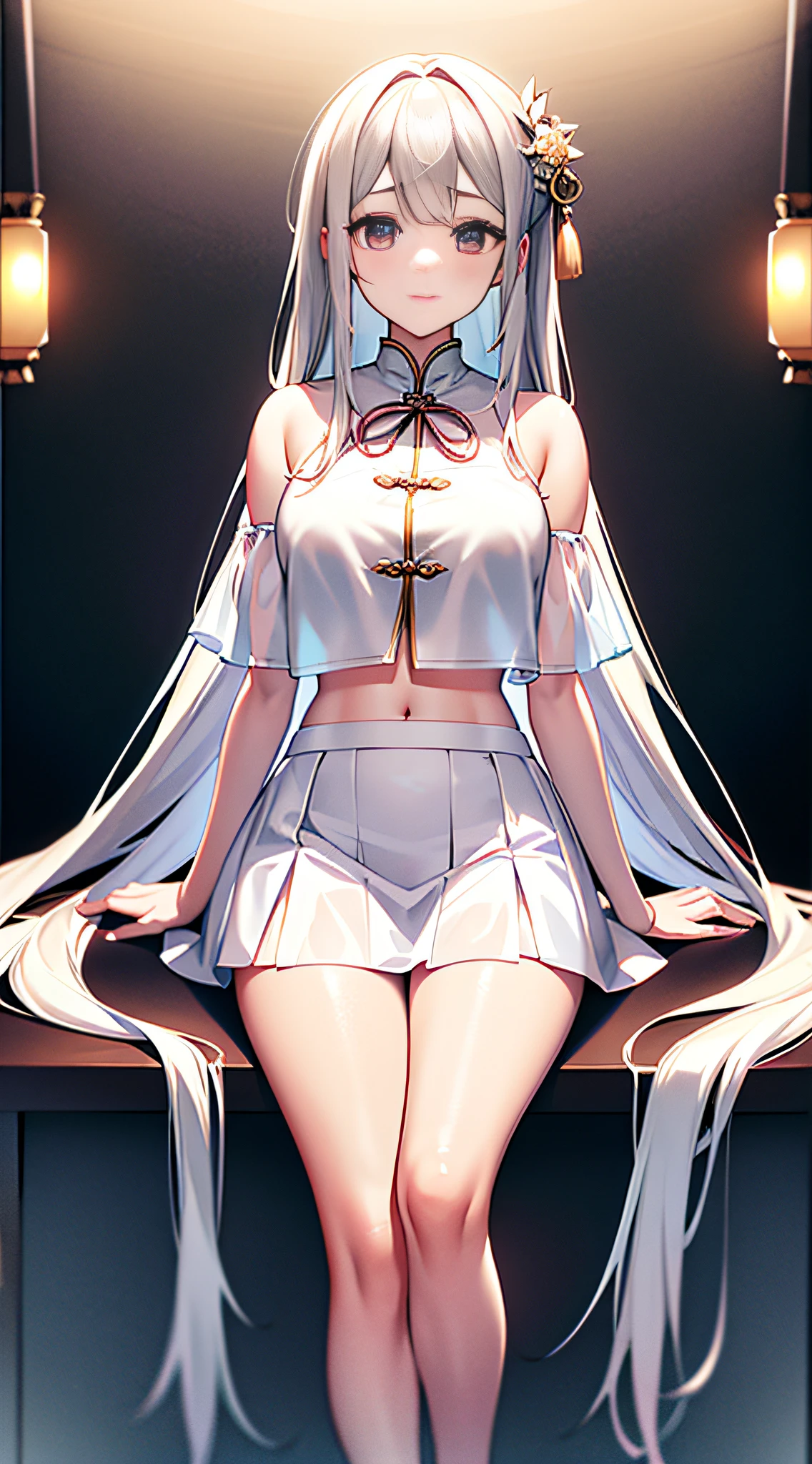 A beautiful girl wearing a messy translucent white blouse and short skirt, translucent white blouse and white transparent short skirt, long black hair, textured white and tender skin, beautiful hands, beautiful legs, jade feet, open navel, fragrant shoulders, pure and cute, shy, transparent reddish, tempting, with this charming big eyes, peach blossom eyes, willow leaf eyebrows, Chinese style, 4k