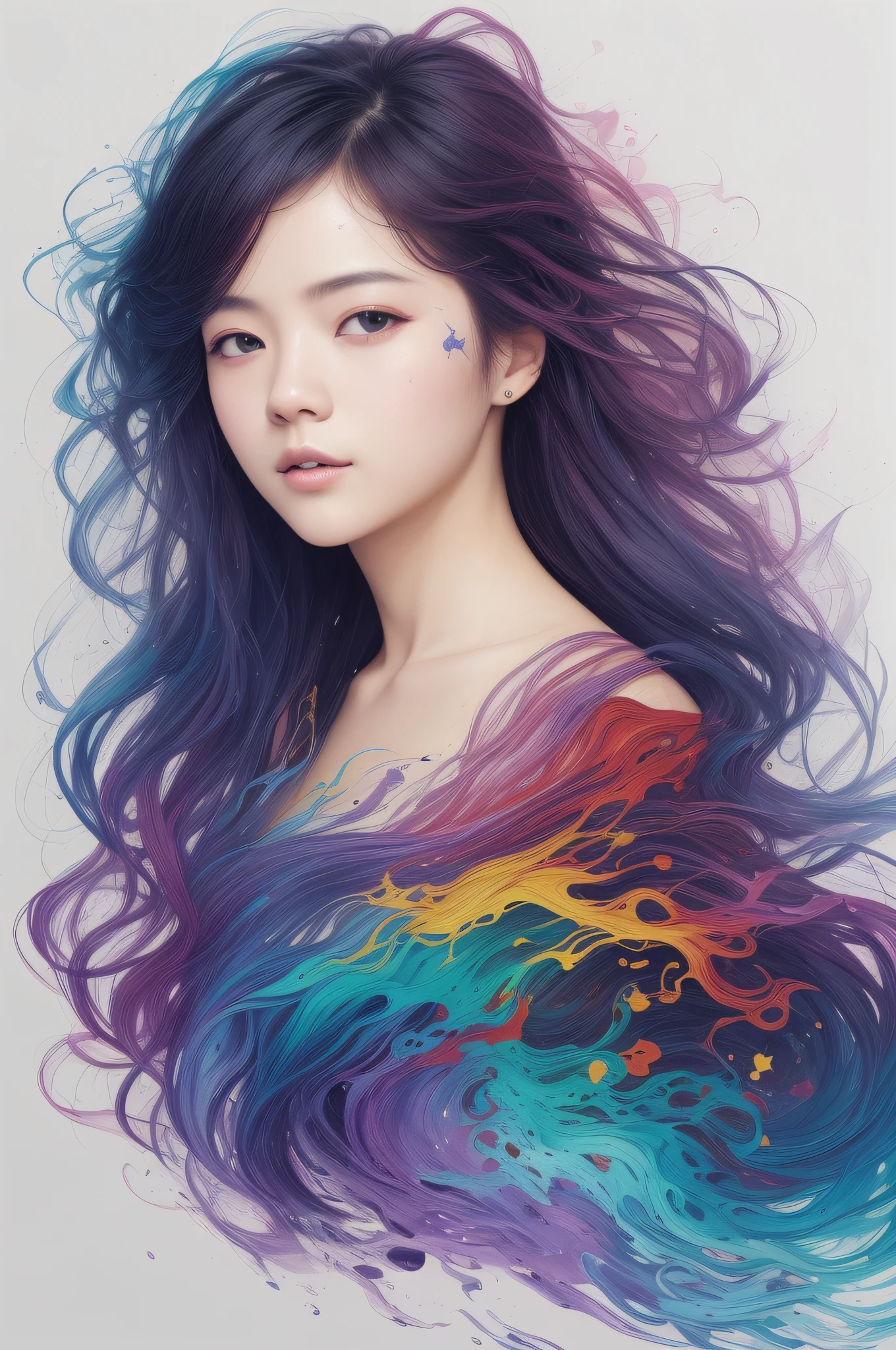 Colorful beautiful girl: a 25-year-old girl, Chinese, small eyes, single eyelids, danphoenix eyes, messy hair, oil painting, perfect face, soft skin perfect face, blue-yellow, light purple and violet addition, light red addition, intricate details, splash screen, 8k resolution, masterpiece, cute face, artstation digital painting smooth very black ink flow: 8k resolution realistic masterpiece: intricate fluid gouache: by Jean Baptiste Mongue: Calligraphy: Acrylic: Watercolor Art, Professional Photography, Natural Daylighting, Volumetric Lighting Minimalist Photography Illustration: by Marton Bobzert: , Complex, elegant, expansive, dreamy, wavy hair, vibrant, paint splattered, smoky .