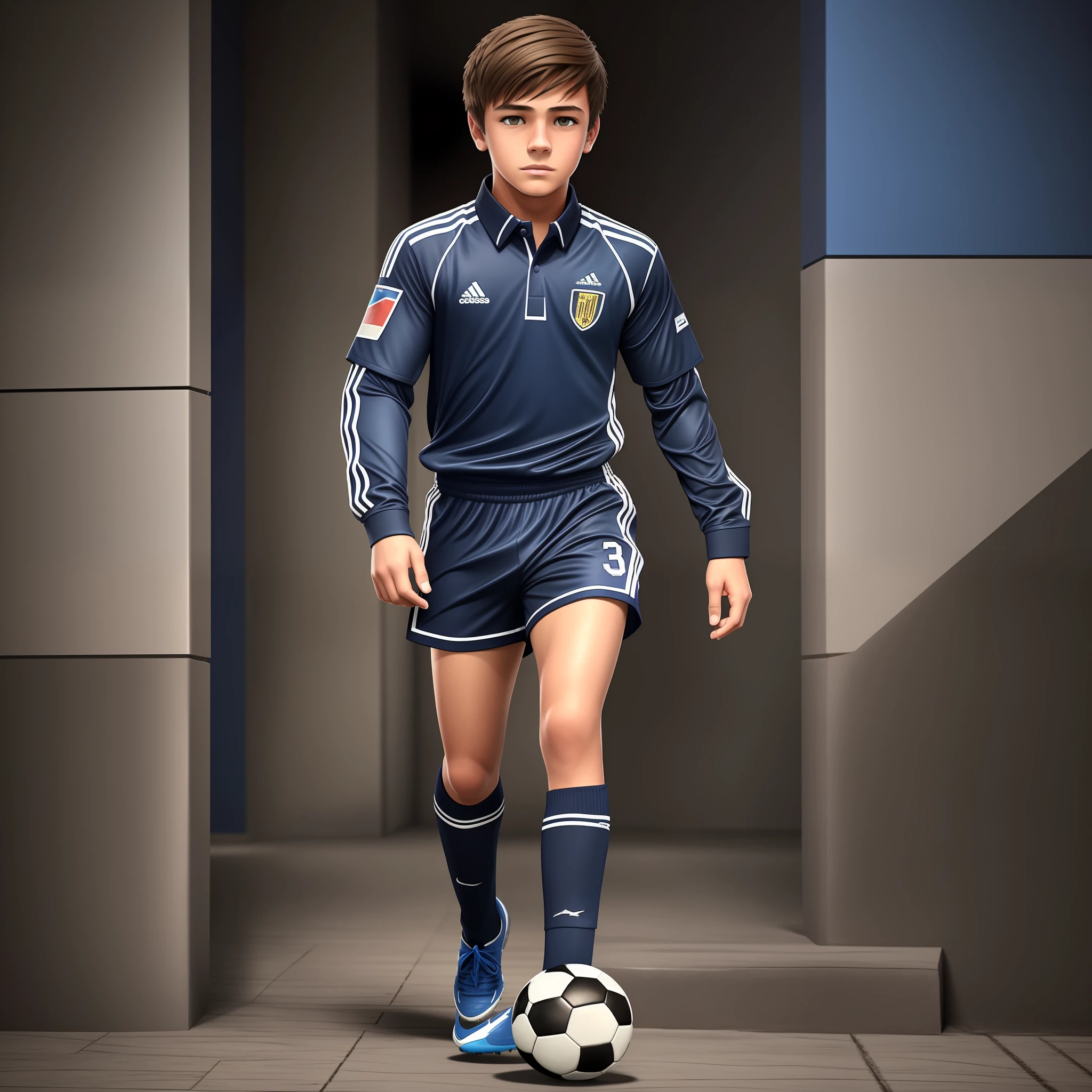 Soccer player, boy, , short dark blonde hair, black uniform with blue details, full body, Ultra realistic, 4k, precise details, --auto --s2