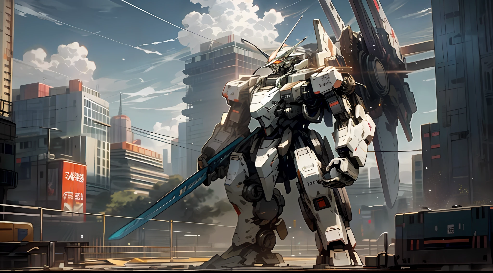 sky, cloud, holding_weapon, no_humans, glowing, , robot, building, glowing_eyes, mecha, science_fiction, city, realistic,mecha