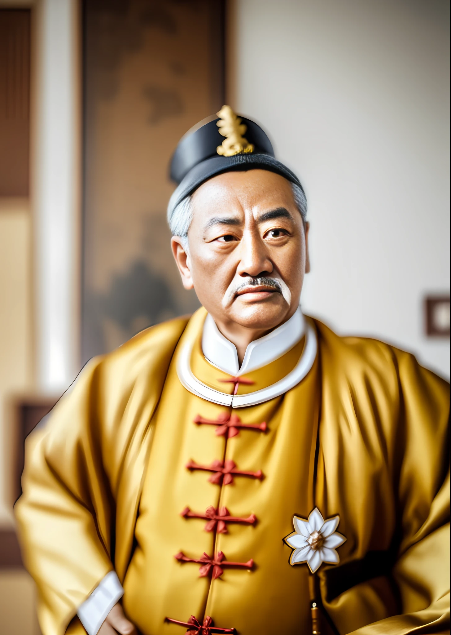 Ancient Chinese emperor, face is relatively fat, about 66 years old, yellow silk official uniform, white collar, detailed clothing details, lifelike, character photography, solid color simple background, ambient light, backlight, Tyndall light