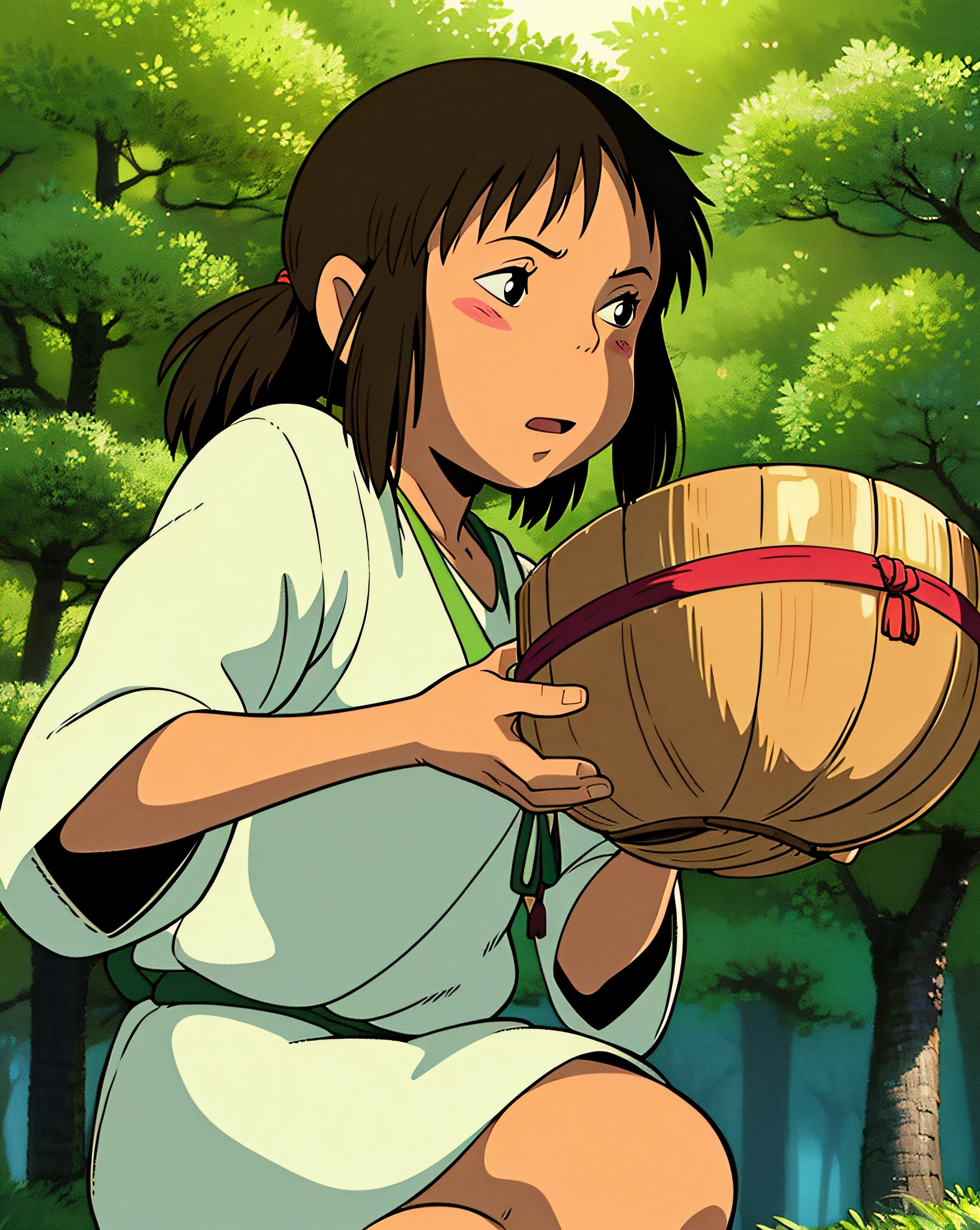 @Spirited, portrait of a beautiful girl holding a basket in the forest, volumetric lighting, realistic shadows