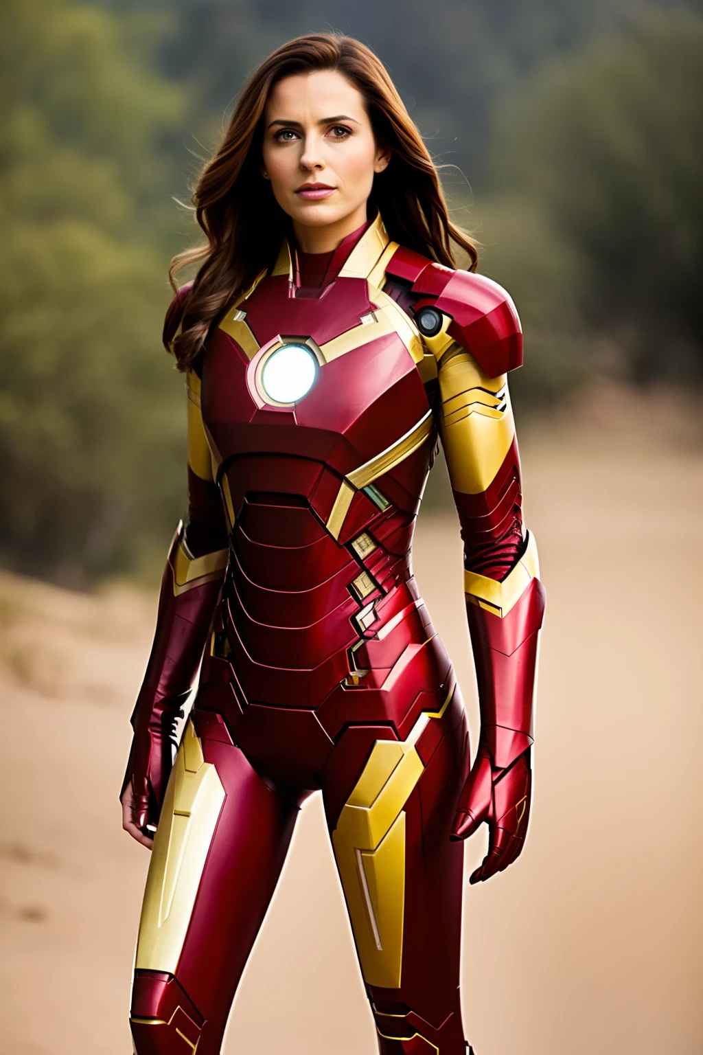 Tall, even, feminine, visually beautiful, wearing Iron Man's clothes