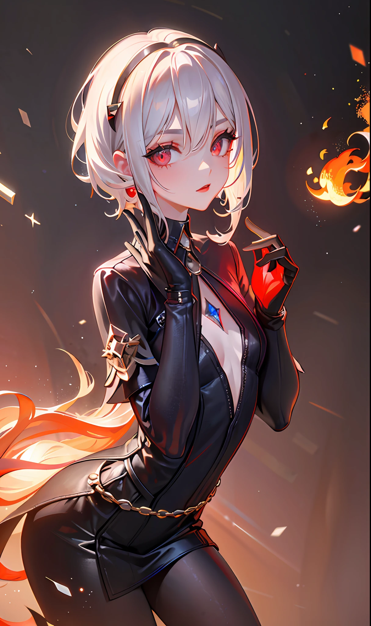 (Masterpiece, Side Light, Fine Beautiful Eyes: 1.2), (Masterpiece * Portrait), Portrait, (Bust), Realistic, 3D Face, Sweet Skin, (Solo), (Close-up of Face), (Fire Opal General Scarlet Eyes), Hanging Corner of the Eye, ((High Detail Skin, Visible Pores)), (Perfect Figure), A Beautiful Girl, Small Breasts, ((Gothic)), (Neck Ring), (Short Glove as Short as Half the Palm)