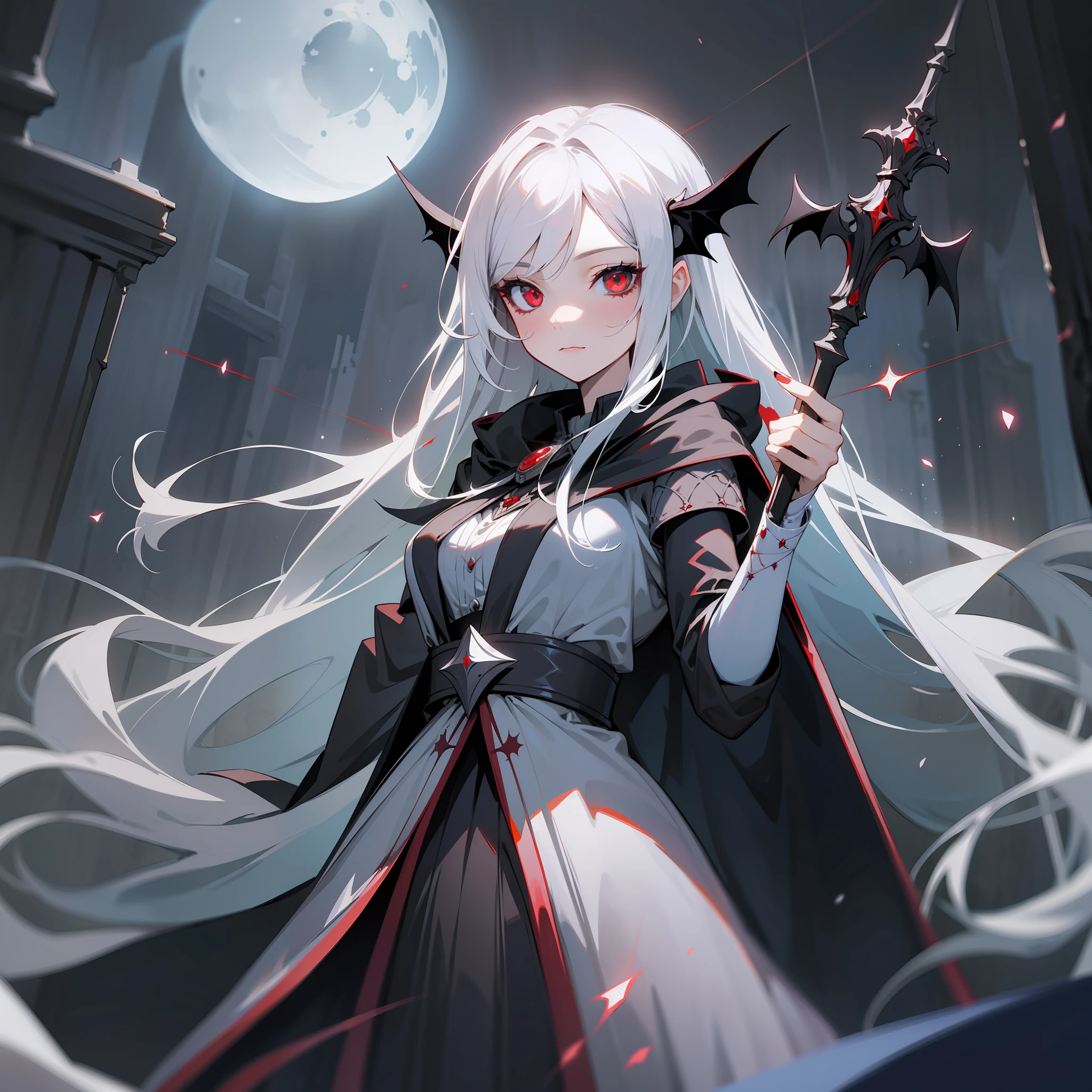 Two-dimensional, girl, alone, silver-white long hair, vampire, black cape, holding a magic staff, blood-colored bat, noble elegance, cold and silent night, dark series, coming out of the gray, particle effects, masterpieces, fantasy art, best quality, rendering