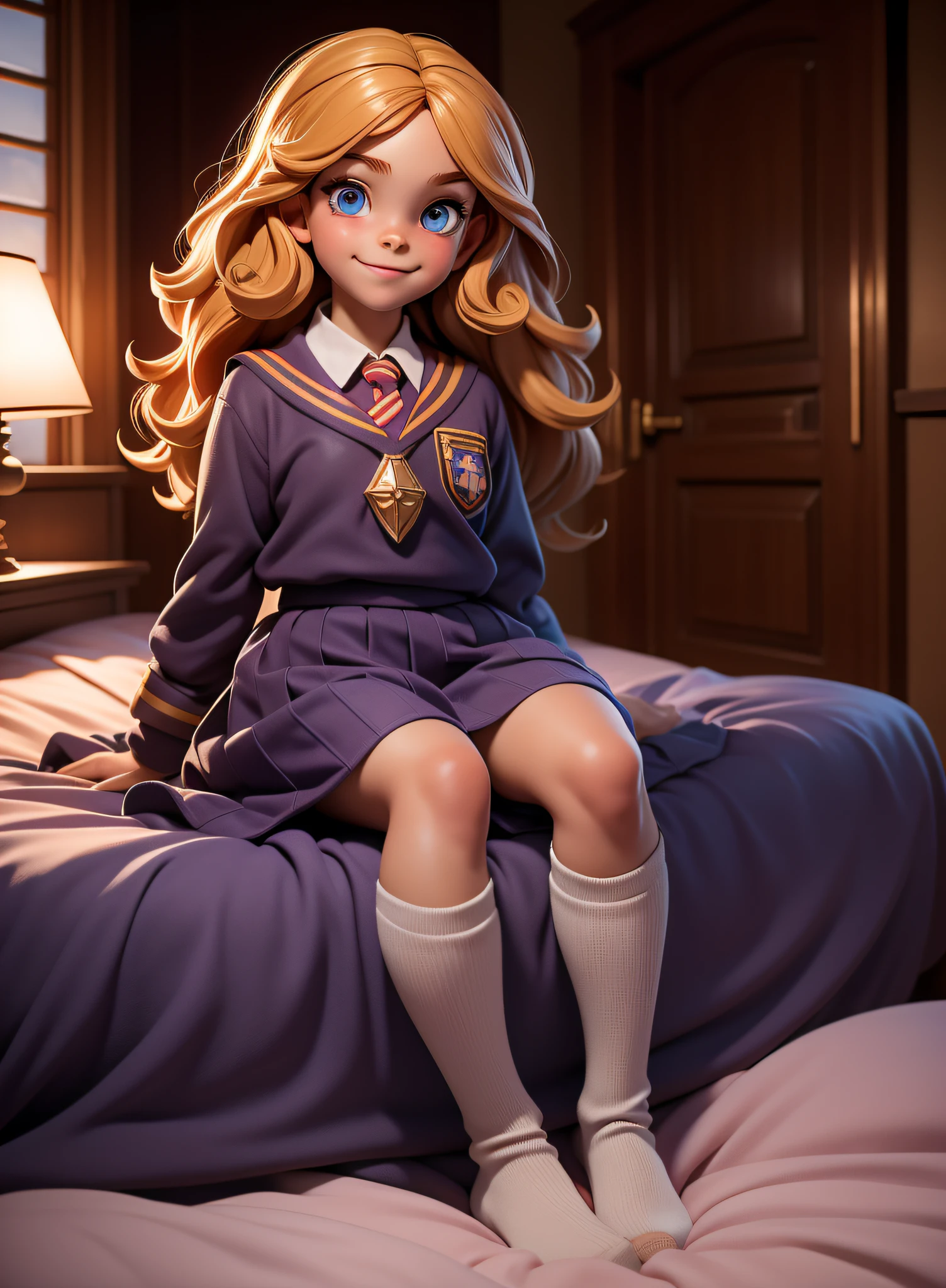 ***, 1girl, child, solo, Hermione Granger, full body, solo, school uniform, beautiful face highly detailed and eyes, beautiful skin, bed room, shiney solar lighting, ***, 1girl, child, solo, Hermione Granger, school uniform, beautiful skin, smile perfect anatomy, shiney solar lighting