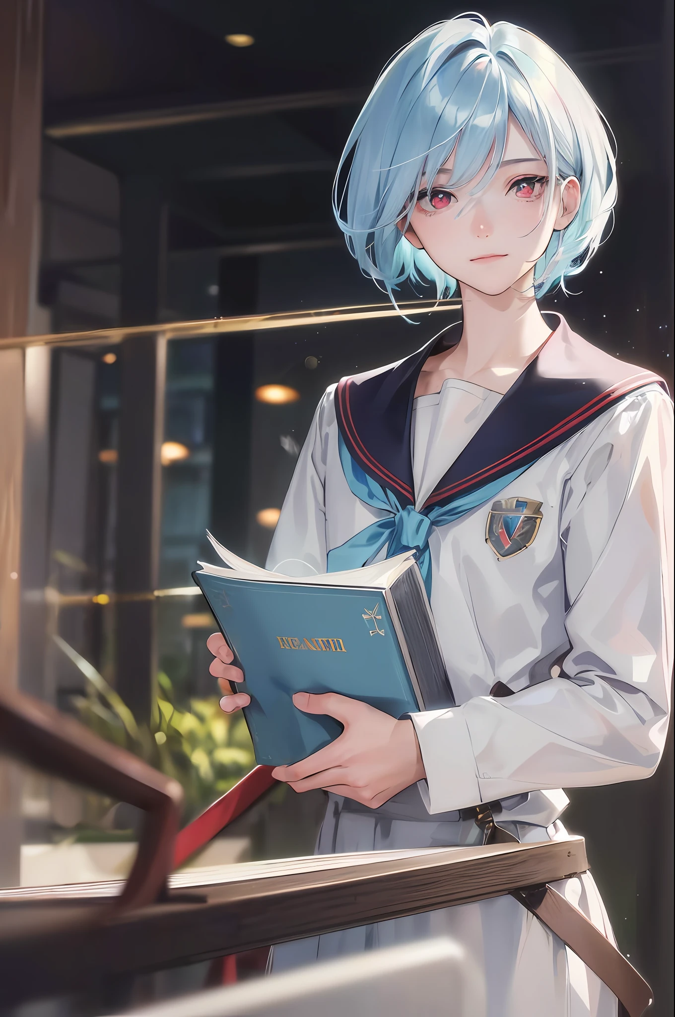 Official art, masterpiece, sharp focus, (beautiful gorgeous cute man:1.3), (beautiful cute man:1.3), delicate and beautiful hair and eyes and face, realistic, very detailed, beautiful man, in the middle of the square (side lighting:1.2), sunshine, soft clouds, thin, ((not smiling, looking down with eyes open)), building, short short hair, (vision scope: 1.7), dynamic hair, detailed platinum light blue hair, shining red eyes, neat school uniform, Hugging a book, innocent face, not smiling, looking lonely