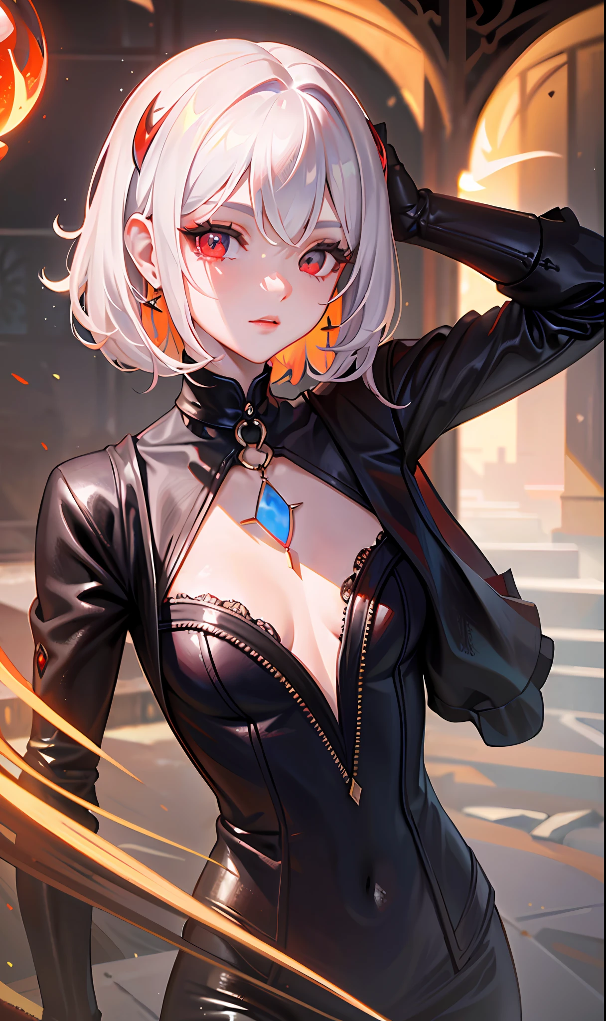 (Masterpiece, Side Light, Fine Beautiful Eyes: 1.2), (Masterpiece * Portrait), Portrait, (Bust), Realistic, 3D Face, Sweet Skin, (Solo), (Close-up of Face), (Fire Opal General Scarlet Eyes), Hanging Corner of the Eye, ((High Detail Skin, Visible Pores)), (Perfect Figure), A Beautiful Girl, Small Breasts, ((Gothic)), (Neck Ring), (Short Glove as Short as Half the Palm)