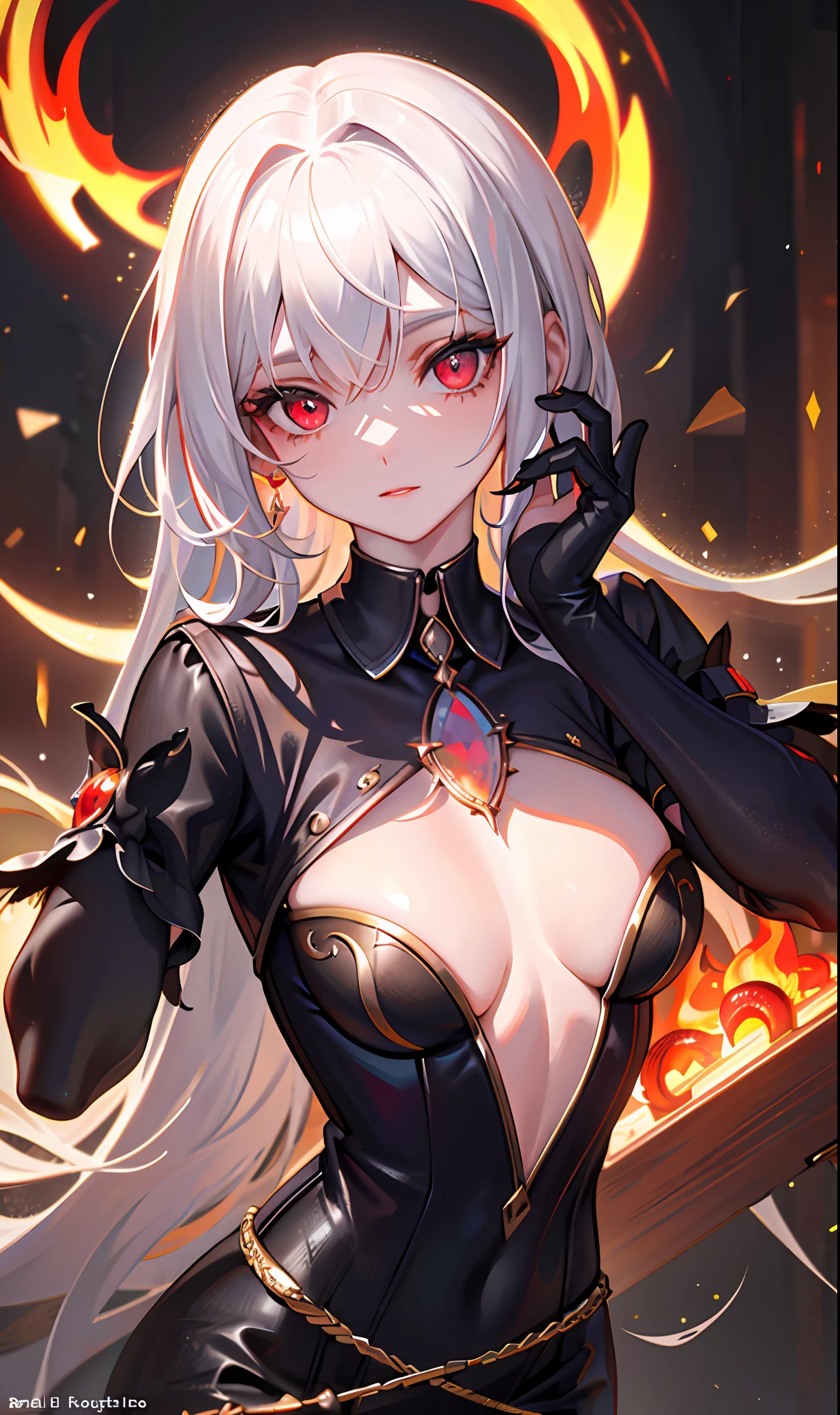 (Masterpiece, Side Light, Fine Beautiful Eyes: 1.2), (Masterpiece * Portrait), Portrait, (Bust), Realistic, 3D Face, Sweet Skin, (Solo), (Close-up of Face), (Fire Opal General Scarlet Eyes), Hanging Corner of the Eye, ((High Detail Skin, Visible Pores)), (Perfect Figure), A Beautiful Girl, Small Breasts, ((Gothic)), (Neck Ring), (Short Glove as Short as Half the Palm)