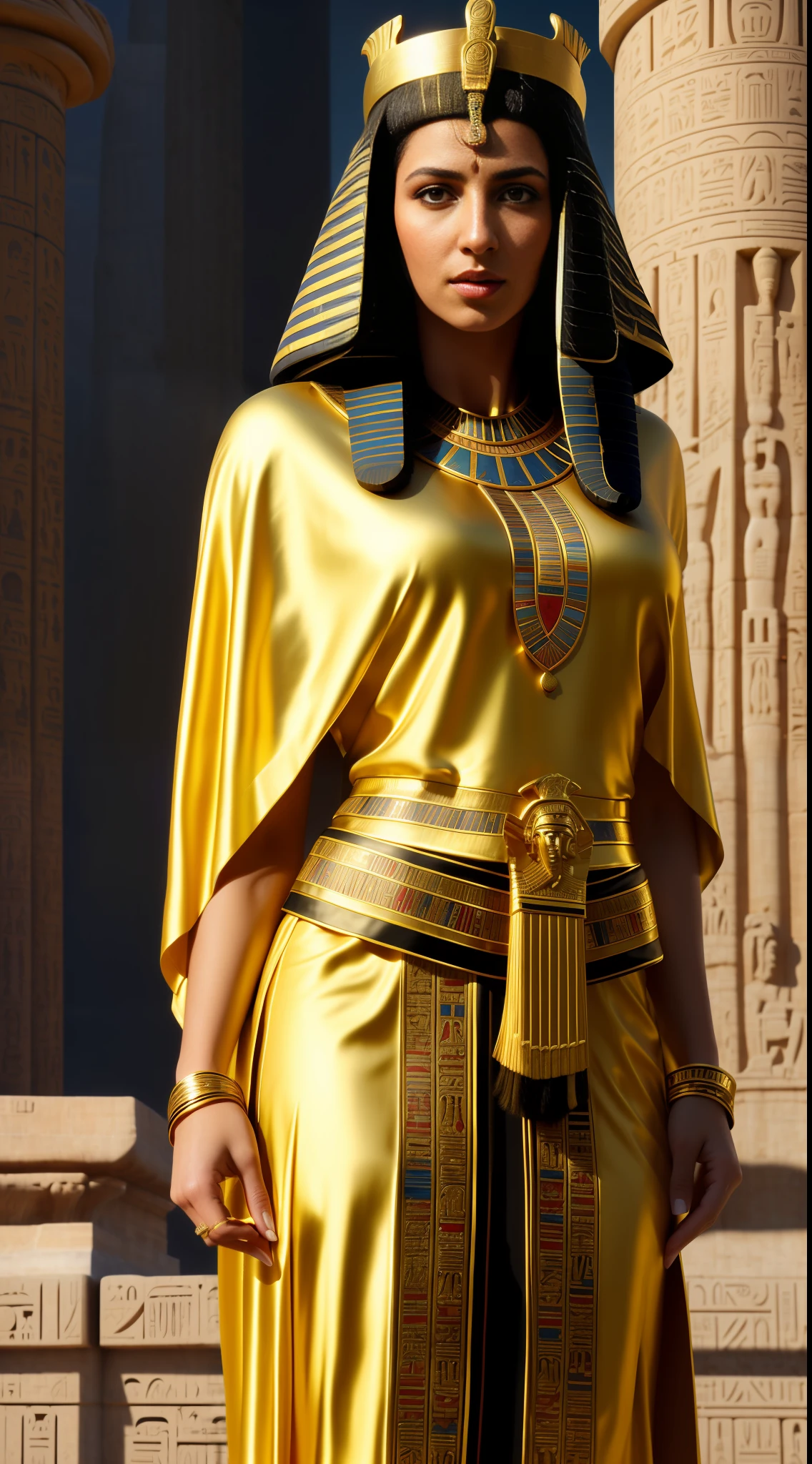 (masterpiece, UHD, raw photo, illustration, detailed:1.3 by Greg Rutkowski), Cleopatra, (elegant ancient Egyptian attire:1.2), ornate crown, (bold kohl-lined eyes:1.2), Greek philosopher, (traditional ancient Greek robe:1.2), in the background, ancient Egyptian architecture, warm sunset light casting long shadows, realistic style.