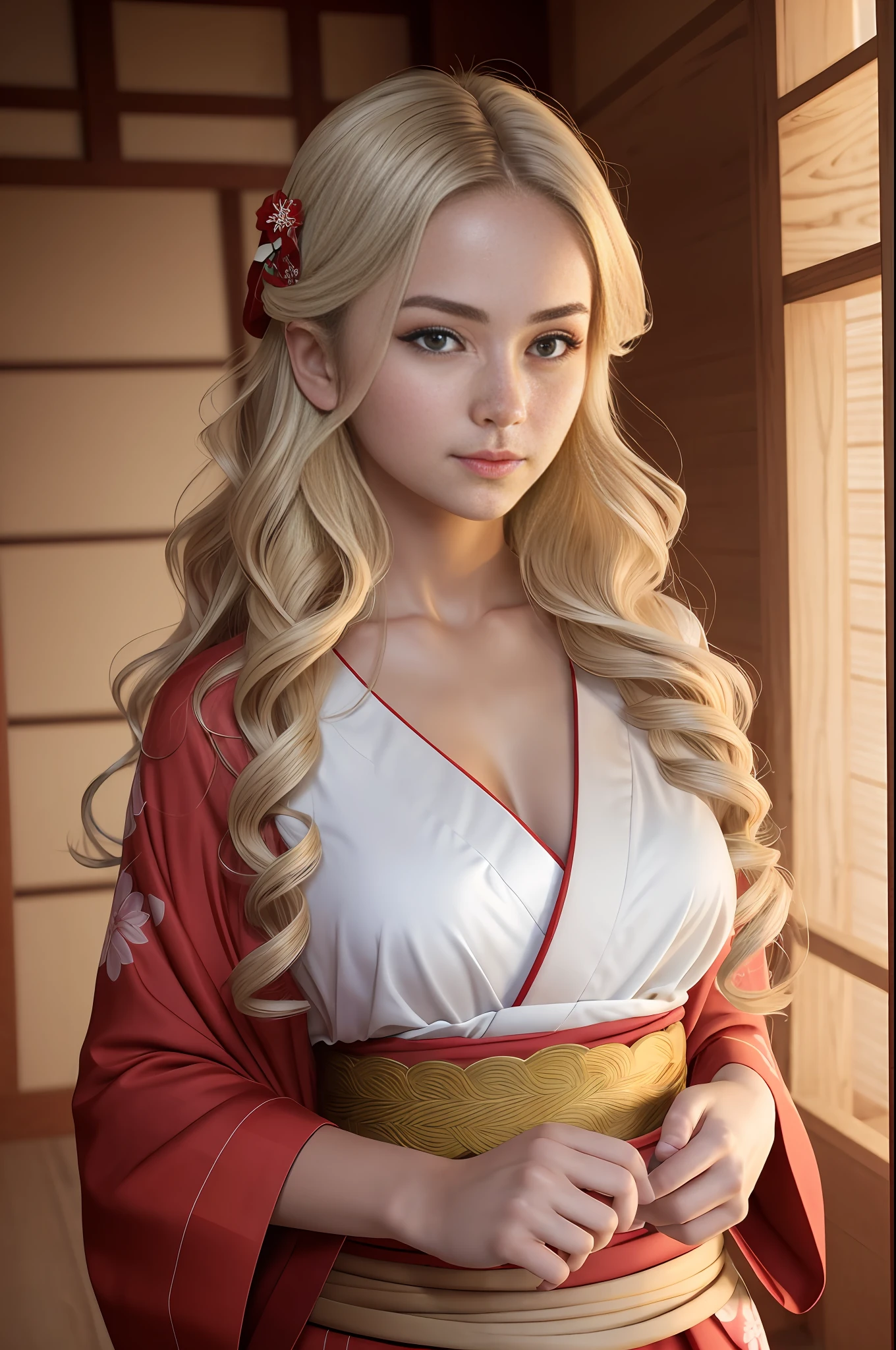 absurdres, RAW photo, highest quality, (masterpiece: 1.3), high detail RAW color photo, professional photo, extremely detailed CG 8k wallpaper unit, photo-realistic, realistic, RAW photo, masterpiece, best quality, highres,
1girl, 19 YEARS OLD, white, blonde hair, wavy, Average length, random hairstyle, beautiful body, thin legs, perfect gorgeous face, beautiful light brown realistic eyes, fair skin, detailed skin texture, very small natural breasts. Serious, focused. She looks amazing. (Red Keikogi, red kimono, simple design). Wooden dojo.