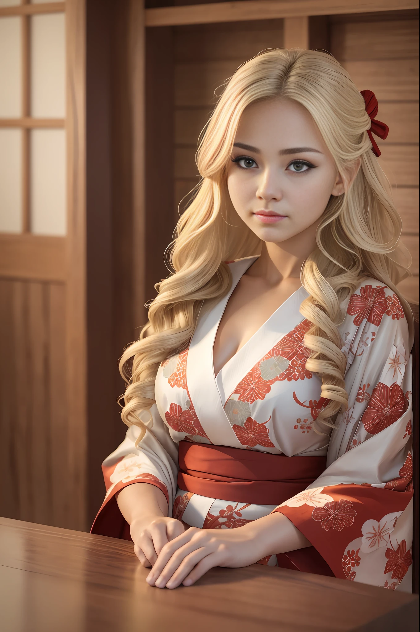 absurdres, RAW photo, highest quality, (masterpiece: 1.3), high detail RAW color photo, professional photo, extremely detailed CG 8k wallpaper unit, photo-realistic, realistic, RAW photo, masterpiece, best quality, highres,
1girl, 19 YEARS OLD, white, blonde hair, wavy, Average length, random hairstyle, beautiful body, thin legs, perfect gorgeous face, beautiful light brown realistic eyes, fair skin, detailed skin texture, very small natural breasts. Serious, focused. She looks amazing. (Red Keikogi, red kimono, simple design). Wooden dojo.