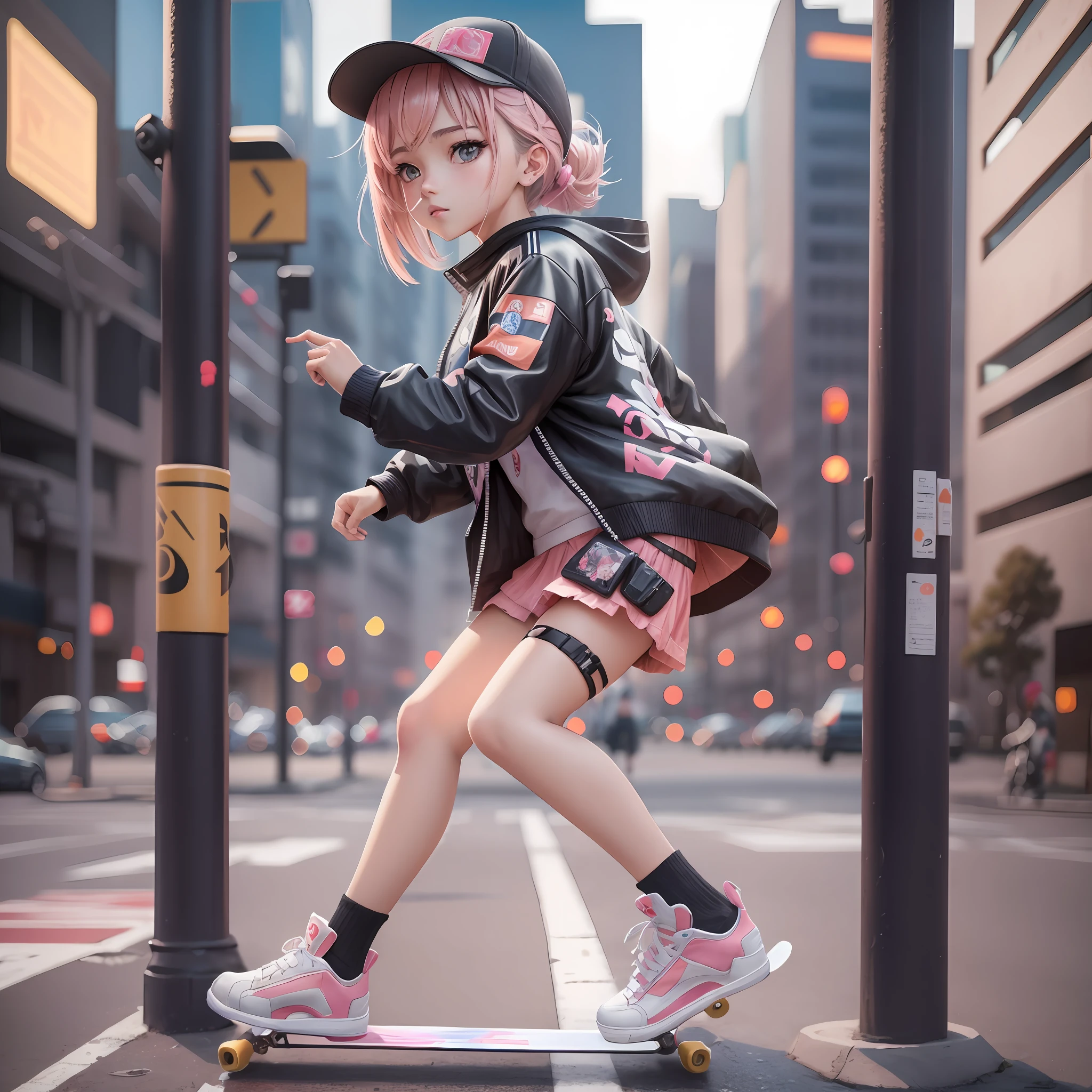 there is a young girl riding a skateboard on a city street, anime style. 8k, realistic anime 3 d style, anime style 4 k, anime style mixed with fujifilm, anime styled 3d, artwork in the style of guweiz, cyberpunk streetwear, style anime, anime styled, modern anime style, 3 d anime realistic, anime style, e-girl