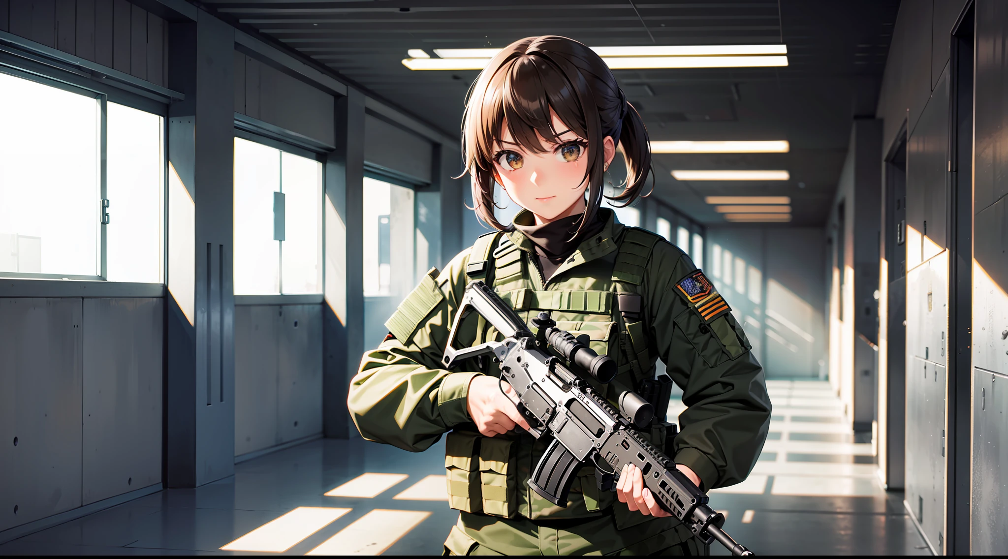 PMC, CQB, CQC, assault rifle, battle girl, muzzle flash, in the building